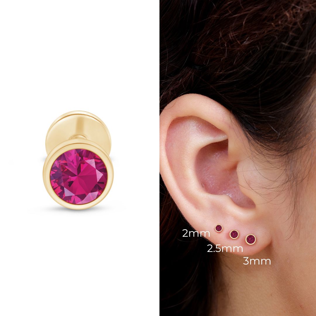 14K Yellow Gold Round Pink Ruby Stud Earrings - Flat Back Bezel Set for Women | Perfect for Everyday Wear, Parties & Gifts