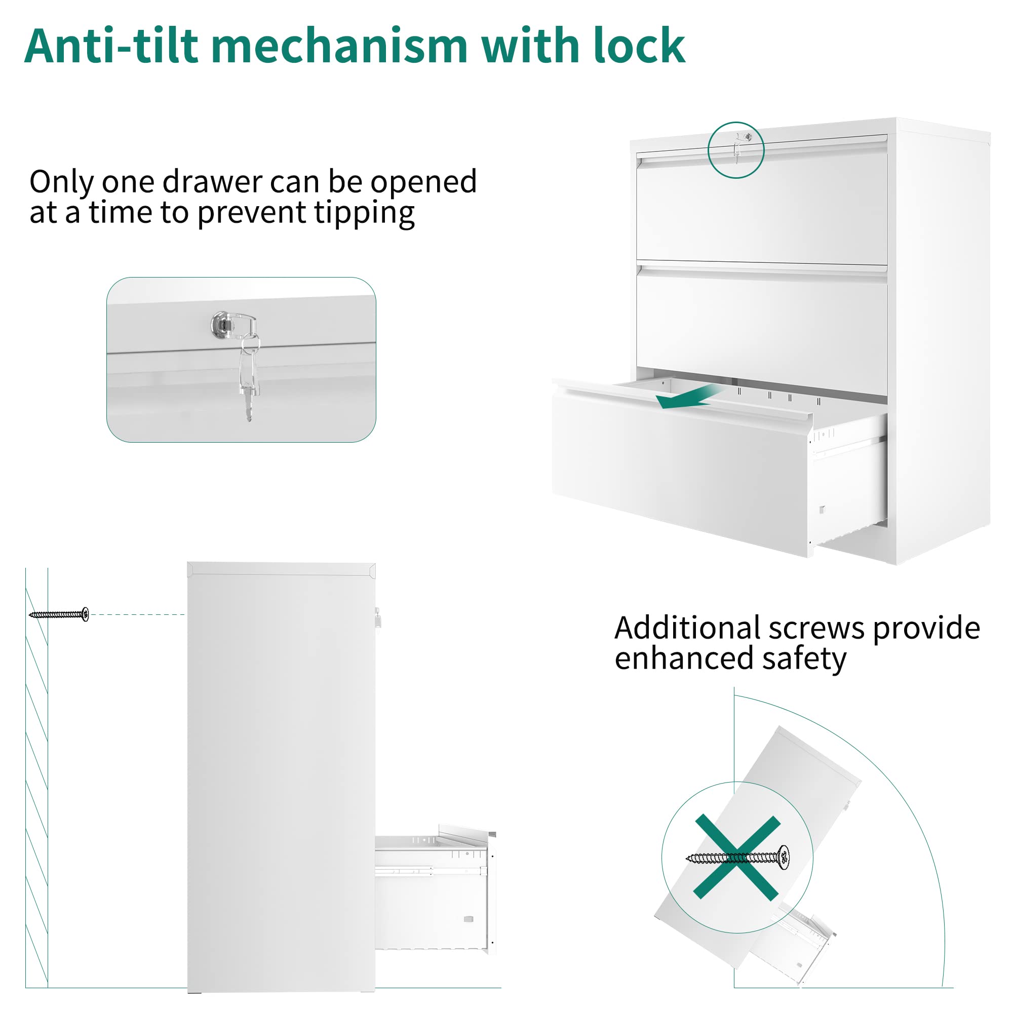 YITAHOME 3-Drawer Locking Lateral File Cabinet - Metal Stainless Steel Office Storage Organizer for Legal/Letter/A4 Documents - White | Perfect for Home Office, Corporate Workspace & School Filing Needs