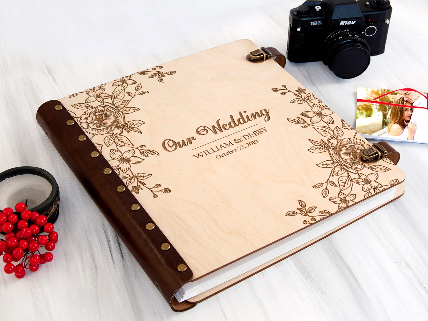 Personalized Wooden Wedding Photo Album - Custom Rustic Couple Gift, Unique Memory Scrapbook for Anniversaries & Special Occasions (Natural Light Wood) | Perfect for Wedding Guest Books, Anniversary Gifts & Family Keepsakes