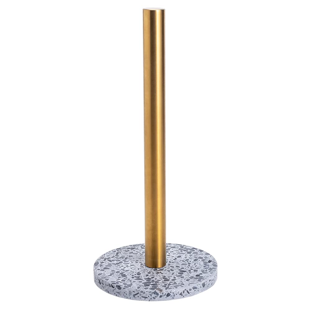 Stainless Steel Kitchen Paper Towel Holder with Golden Roll & Terrazzo Base - Countertop Organizer for Kitchen, Bathroom, Office (Light Grey) - Perfect for Modern Homes & Restaurants