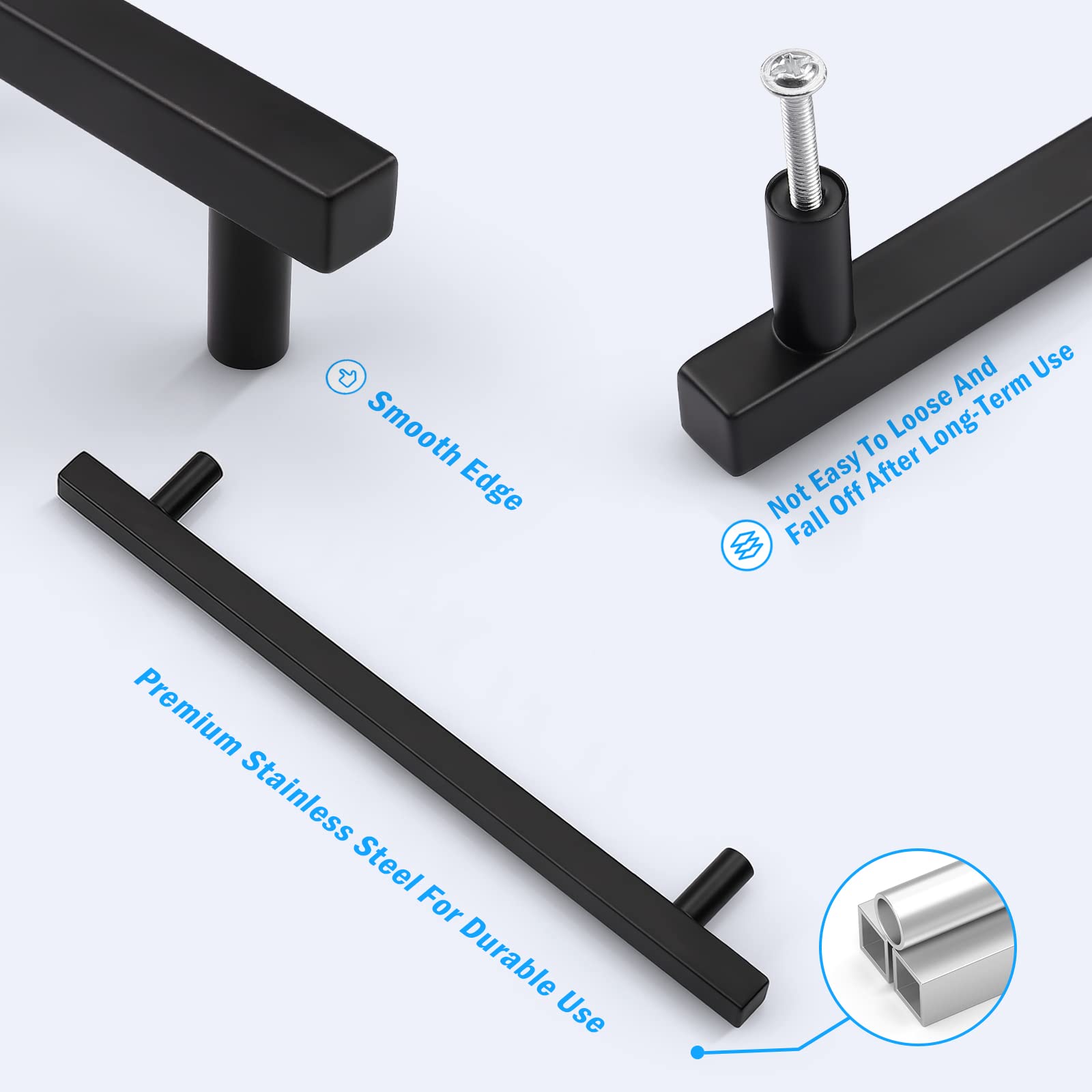 KNOBWELL 10 Pack 7.5 Inch Matte Black Kitchen Cabinet Handles - Stainless Steel Modern Drawer Pulls for Dresser & Cabinets (10