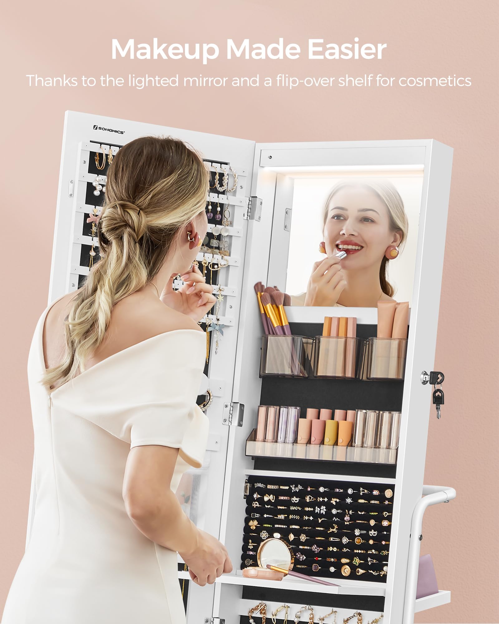 SONGMICS 360° Swivel Jewelry Cabinet with LED Lights - Full Length Mirror & Jewelry Storage Organizer - Standing Jewelry Armoire with Makeup Shelf & Storage Basket - Cloud White UJJC018W01 - Perfect for Bedroom, Dressing Room & Vanity Organization