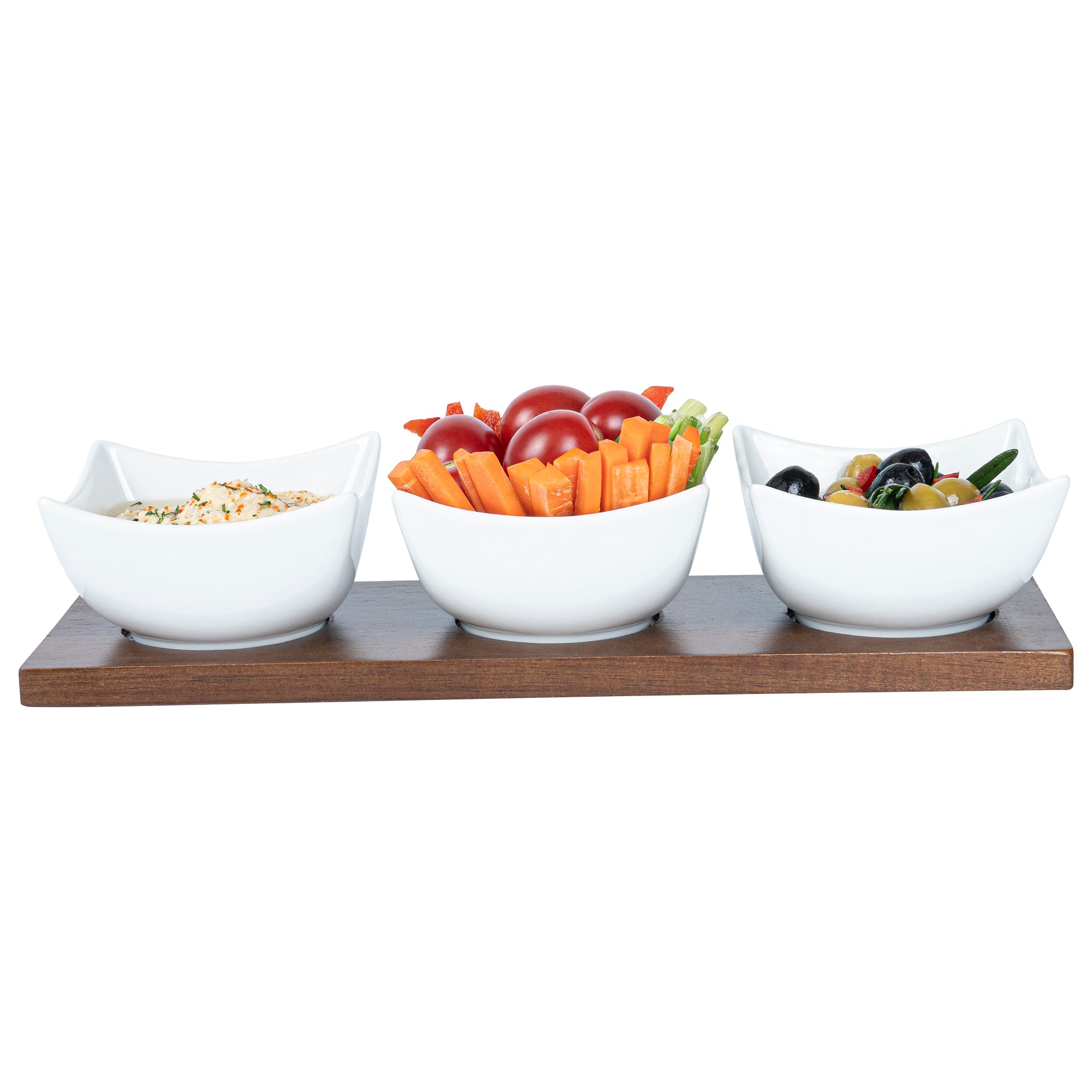 15 oz White Porcelain Cocktail Bowl Set with Bamboo Tray - 3 Rectangle Bowls (12x4x2.5 Inches) for Appetizers, Sushi & Party Snacks - Premium Dinnerware for Home & Restaurant Use