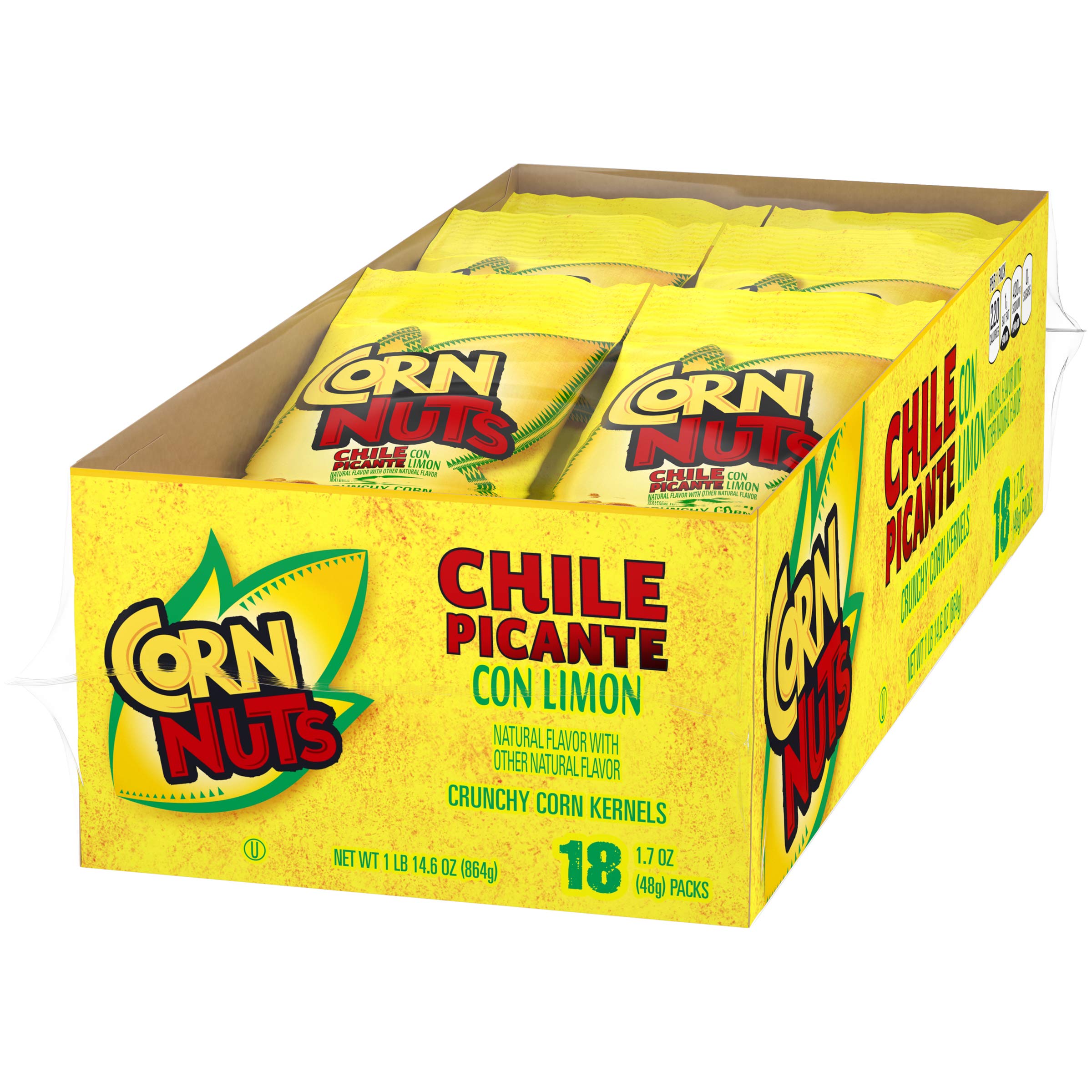 Spicy Chile Picante con Limon Flavored Corn Nuts - Crunchy Corn Snacks for Adults - 1.7oz Pack of 18 - Perfect for Road Trips, Movie Nights & Office Snacking