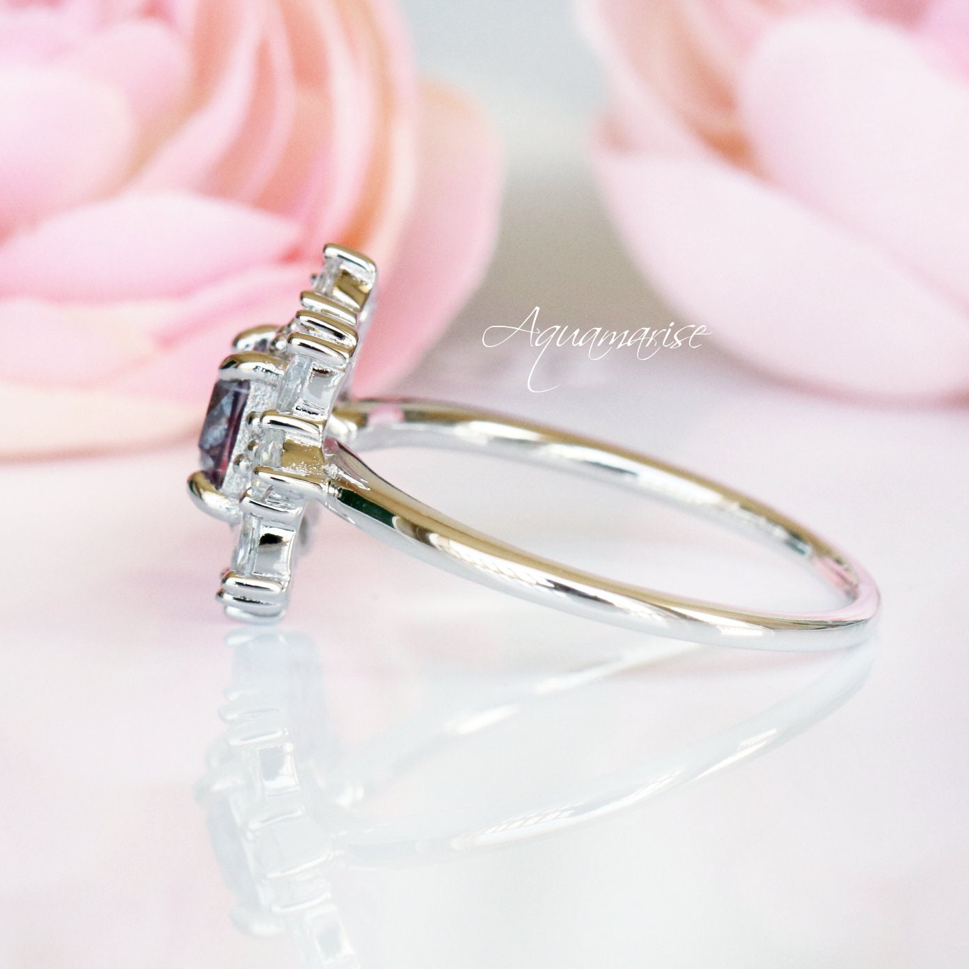 Alexandrite Ring for Women - Sterling Silver 925 Magnolia Flower Design, Adjustable Size for Engagement, Anniversary & Gift Giving