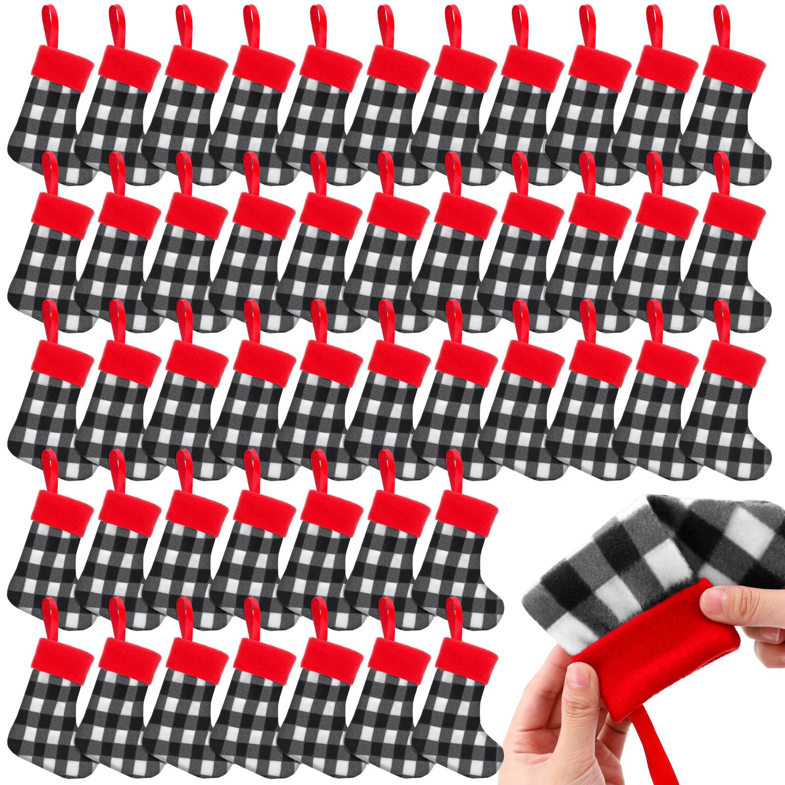 BBTO Mini Christmas Stockings 7 Inch - Plaid Buffalo Pattern Holiday Stocking Ornaments (White & Black, 48 Pack) for Tree Decorations, Gift Bags, Party Favors and Festive Home Decor