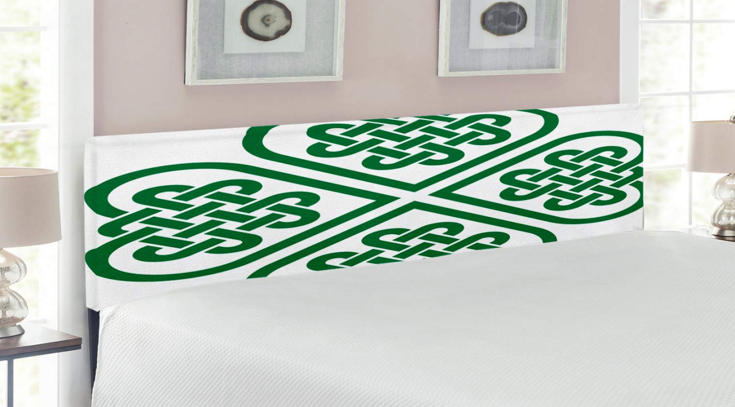 Ambesonne Celtic King Size Headboard - Monochrome 4 Leaf Clover Flower Design, Upholstered Metal Bed Frame with Memory Foam in Green & White | Perfect for Bedroom Decor, Guest Rooms & Irish-Themed Home Interiors