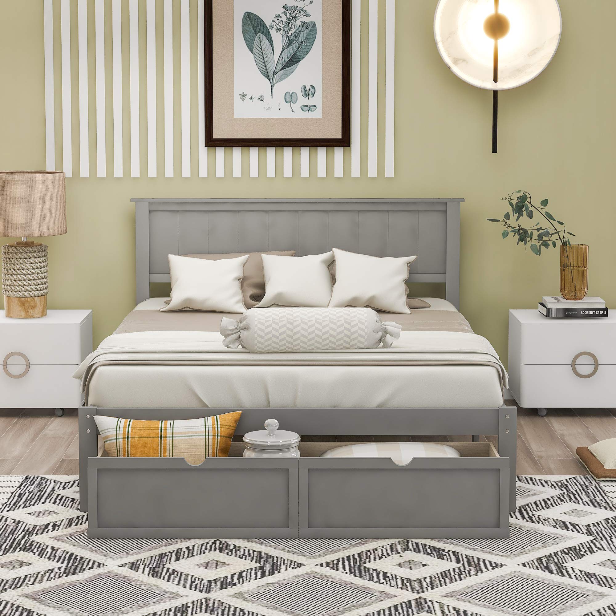 Rhomtree Wood Bed Frame with Storage Drawers - Full Size Platform Bed for Small Spaces