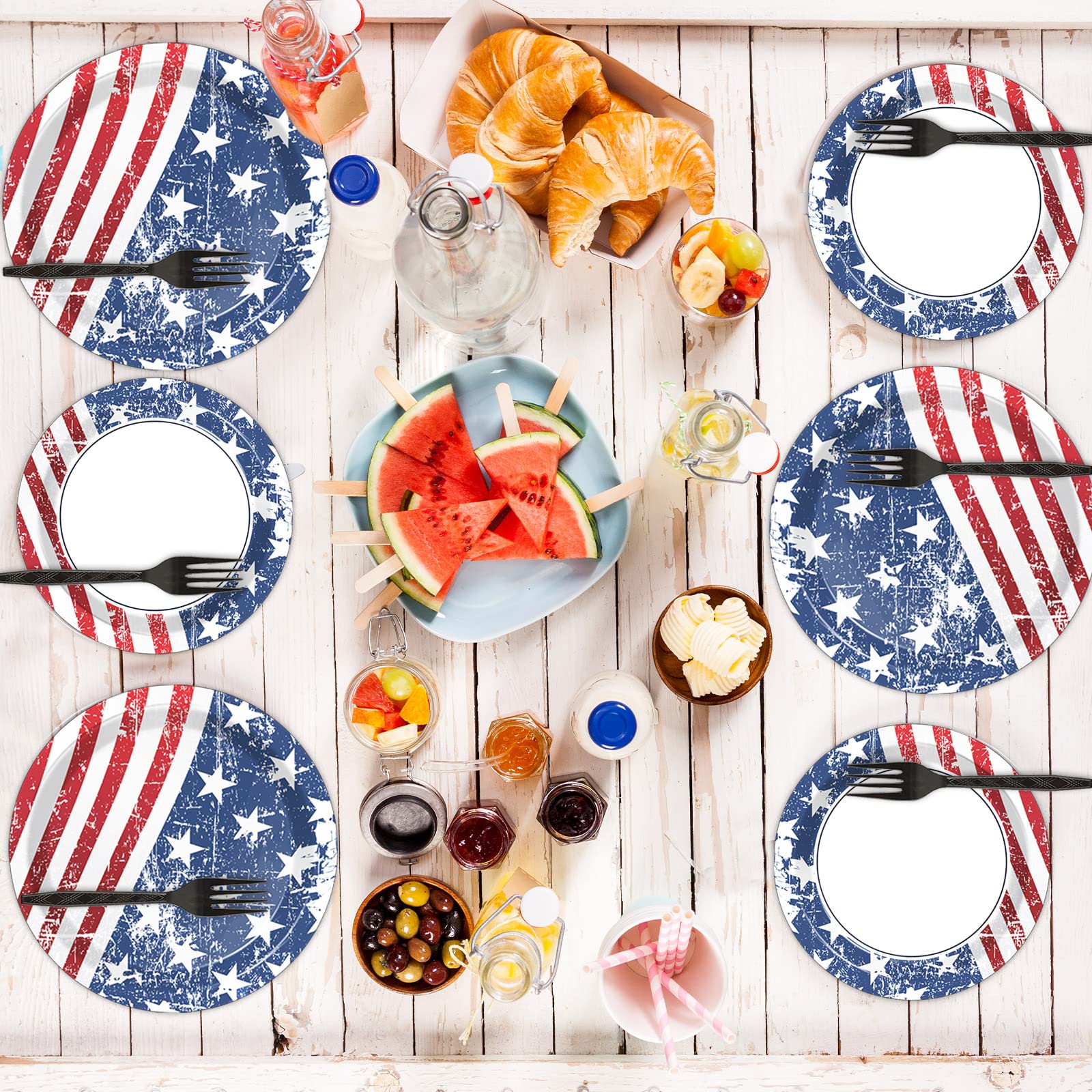 Wiooffen 48-Piece Patriotic Party Paper Plates Set - 4th of July American Flag Themed Disposable Dinnerware for Welcome Home Parties, Holidays & Birthdays (24pcs 9