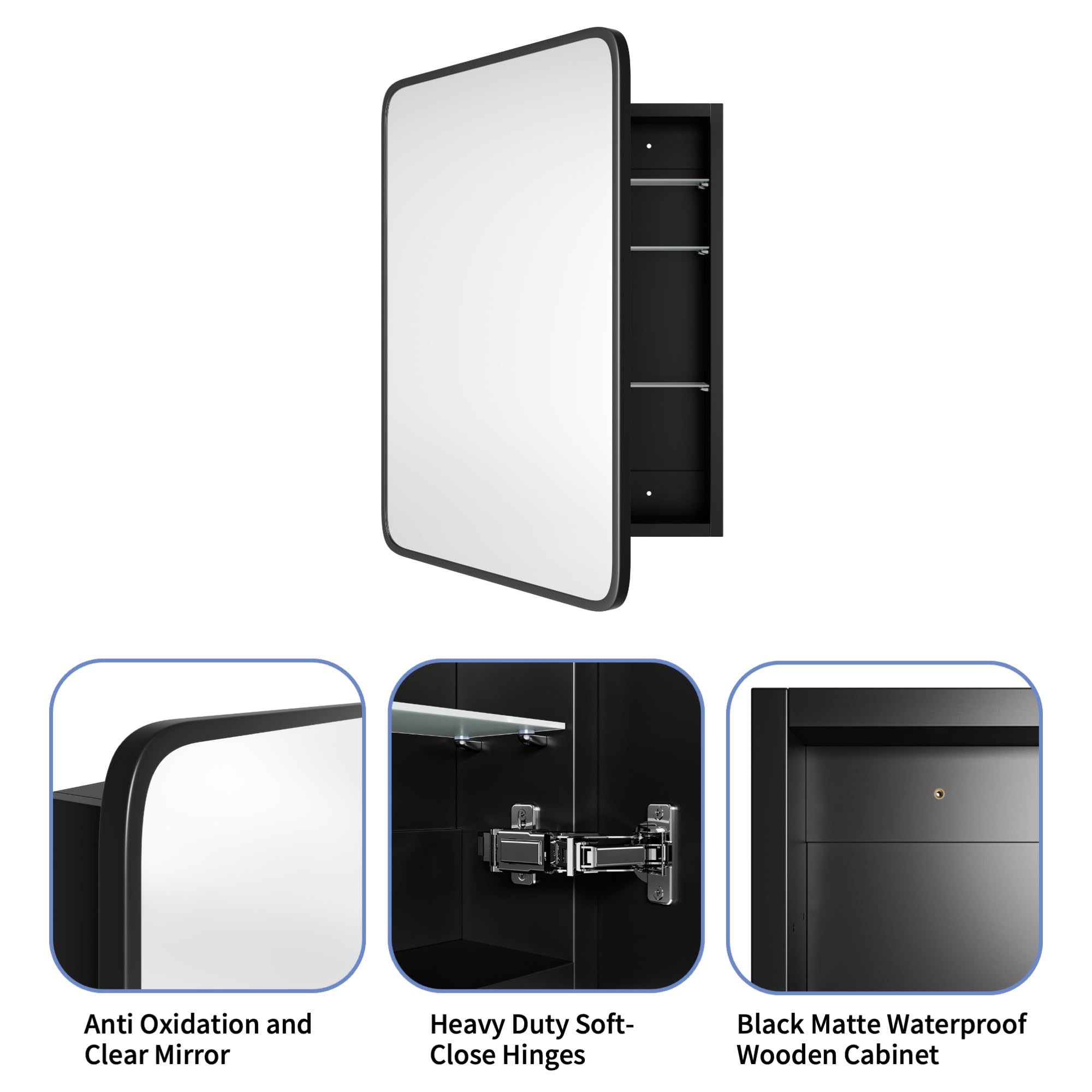 20''x30'' Black Wood Bathroom Storage Cabinet with Metal Frame & Curved Mirror - Recessed Medicine Cabinet for Vanity, Makeup Organization & Bathroom Decor