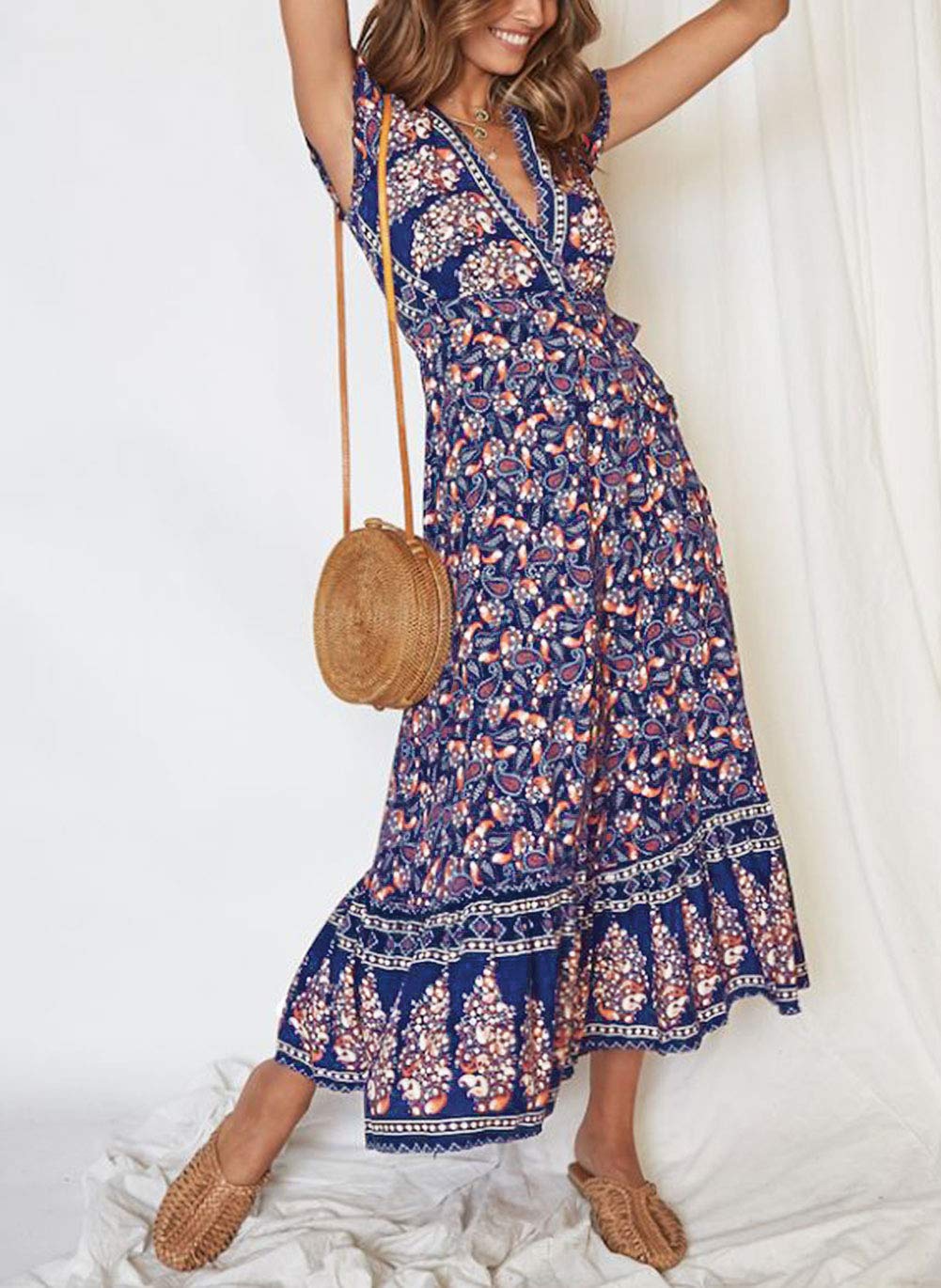 ZESICA Women's 2025 Bohemian Floral Print Wrap V-Neck Short Sleeve Maxi Dress with Side Slit for Beach Party, Summer Vacation & Casual Outings