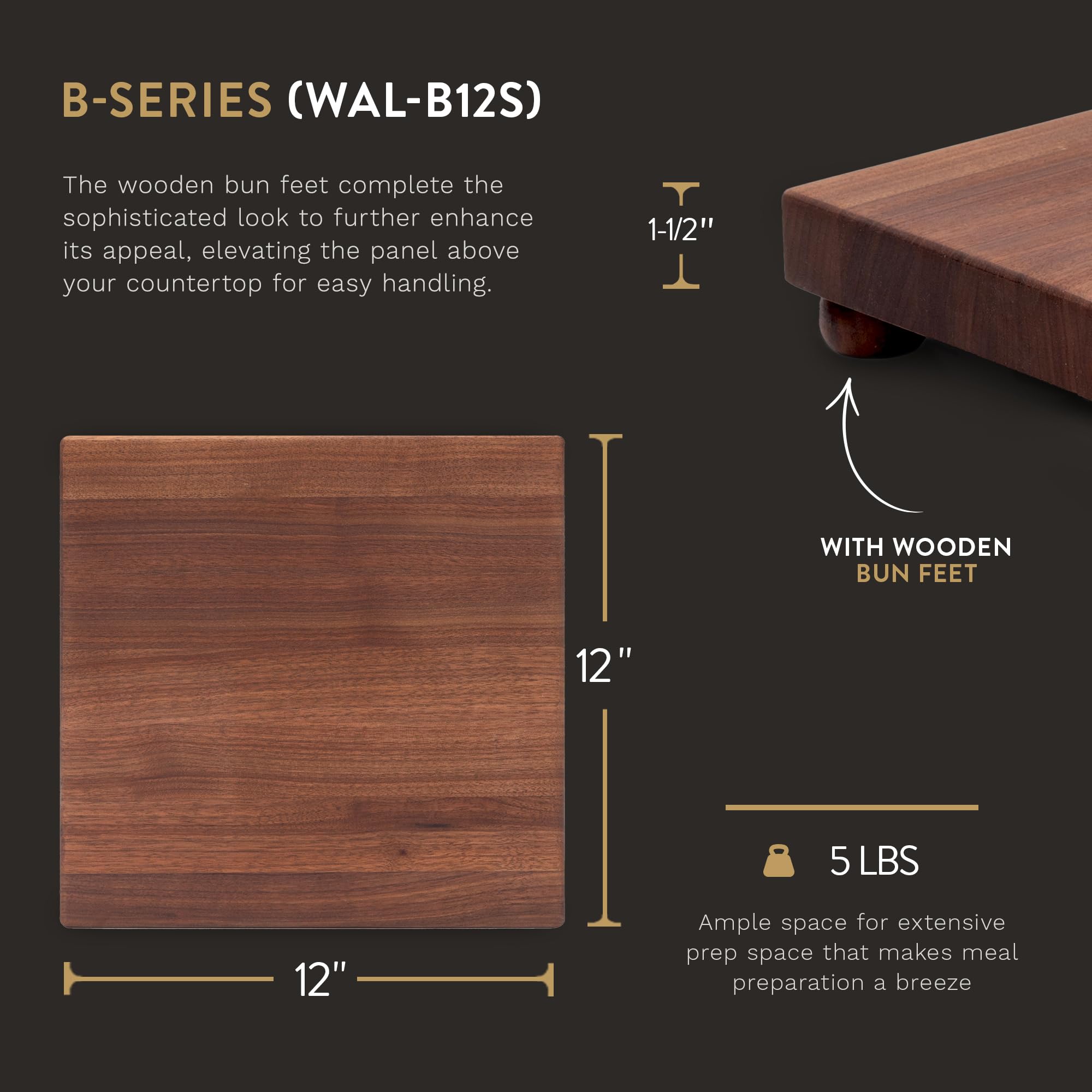 John Boos B Series 12x12 Inch Walnut Wood Cutting Board with Feet - Premium Square Kitchen Chopping Block for Meat, Vegetables & Fruits - Ideal for Home Cooks & Professional Chefs