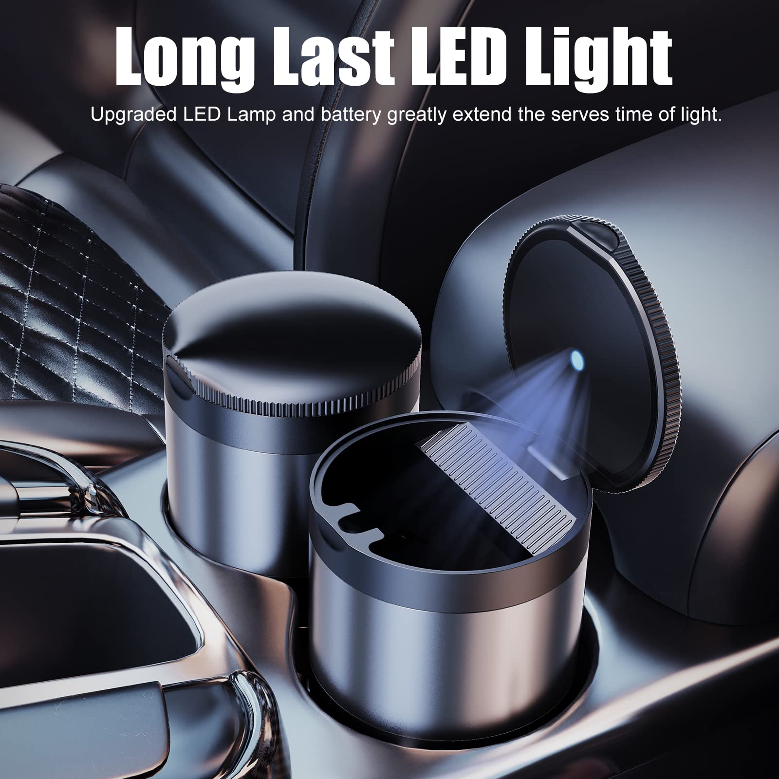 THIKPO Portable Car Ashtray with Lid - Mini Detachable Smokeless Ash Tray & Car Trash Can with LED Blue Light - Stainless Steel Auto Accessories for Smoke-Free Vehicles (2023 New Grey) | Ideal for Road Trips, Camping & Outdoor Adventures