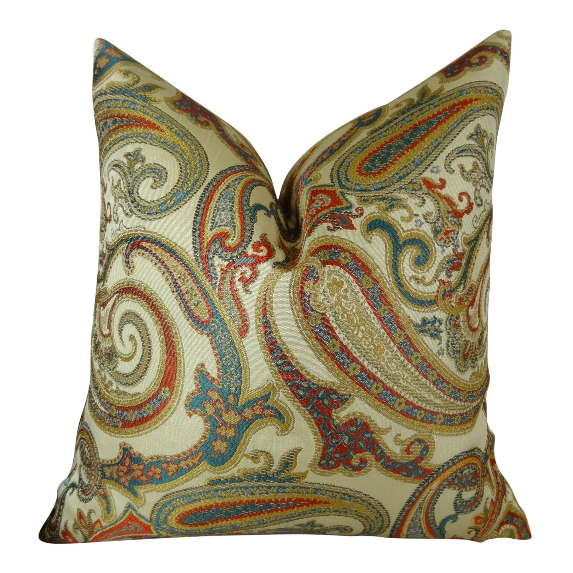 Thomas Collection Luxury Decorative Throw Pillow - Turquoise Red Cream Taupe Blue Paisley Floral Pillow Cover - Made in USA, 11064 - Perfect for Sofa, Bedroom, Living Room Decor