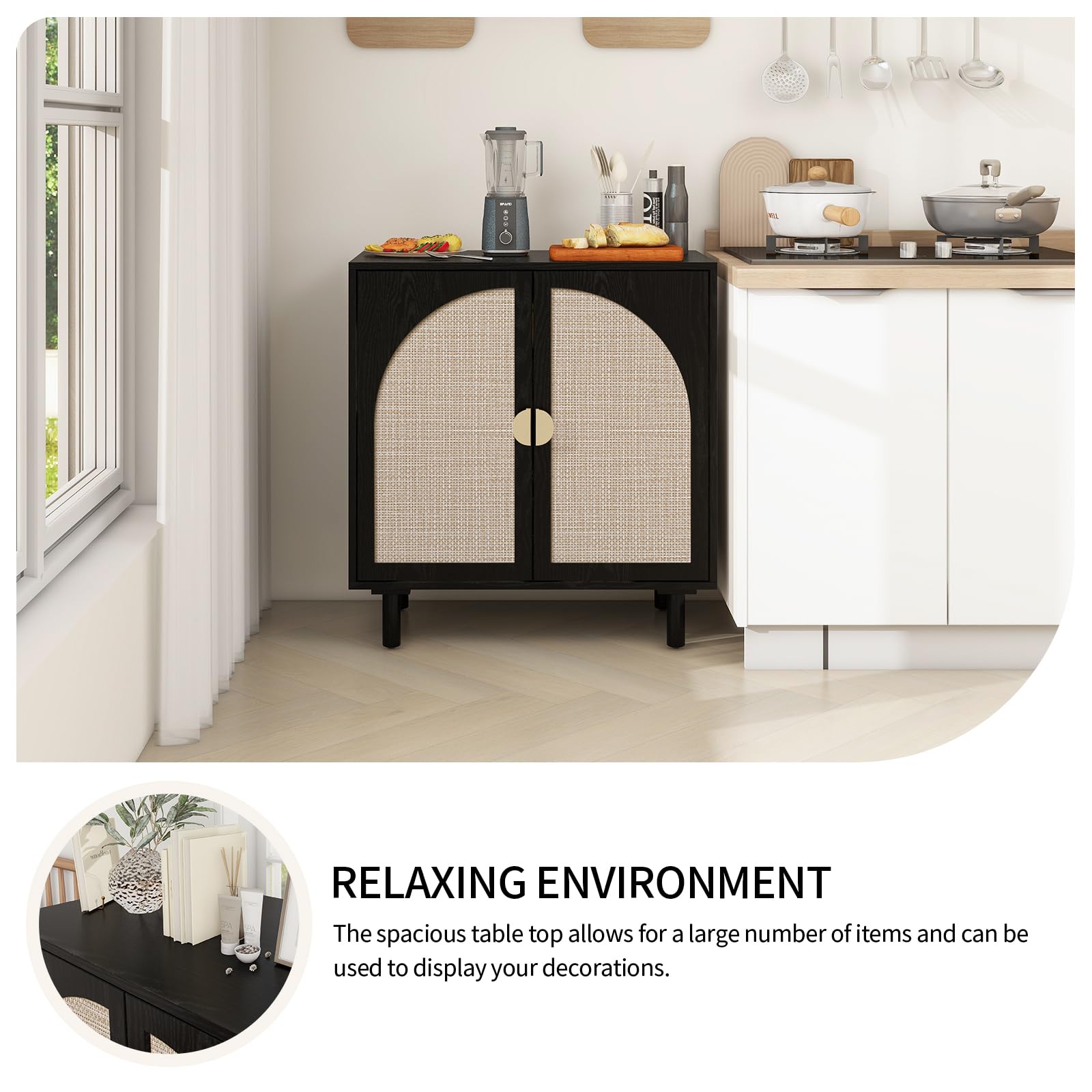 Natural Rattan Sideboard Buffet Cabinet with 2 Wicker Doors - Boho Wood Credenza for Living Room & Kitchen Storage | Accent Furniture for Dining Room, Hallway & Entryway (Black)