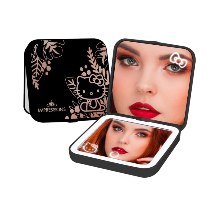 Hello Kitty Touch Sensor LED Makeup Mirror - Adjustable Brightness, 2X Magnifying Mirror with Super Cute Design (Black) | Perfect for Home Vanity, Travel & Gift Giving