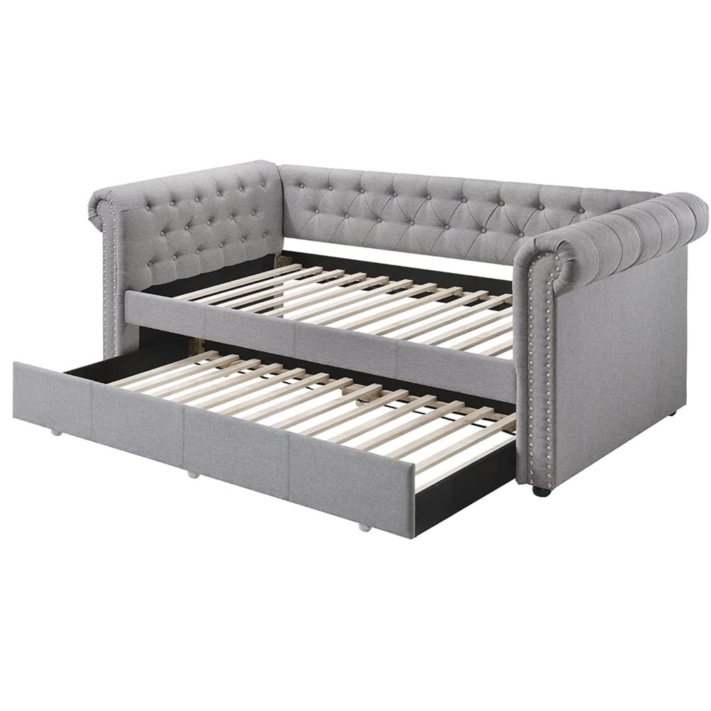 HuaZo Twin Size Smoke Gray Fabric Daybed with Trundle - Justice Collection - 1 Set (3 Cartons) 39405 - Perfect for Guest Rooms, Kids' Bedrooms & Small Spaces