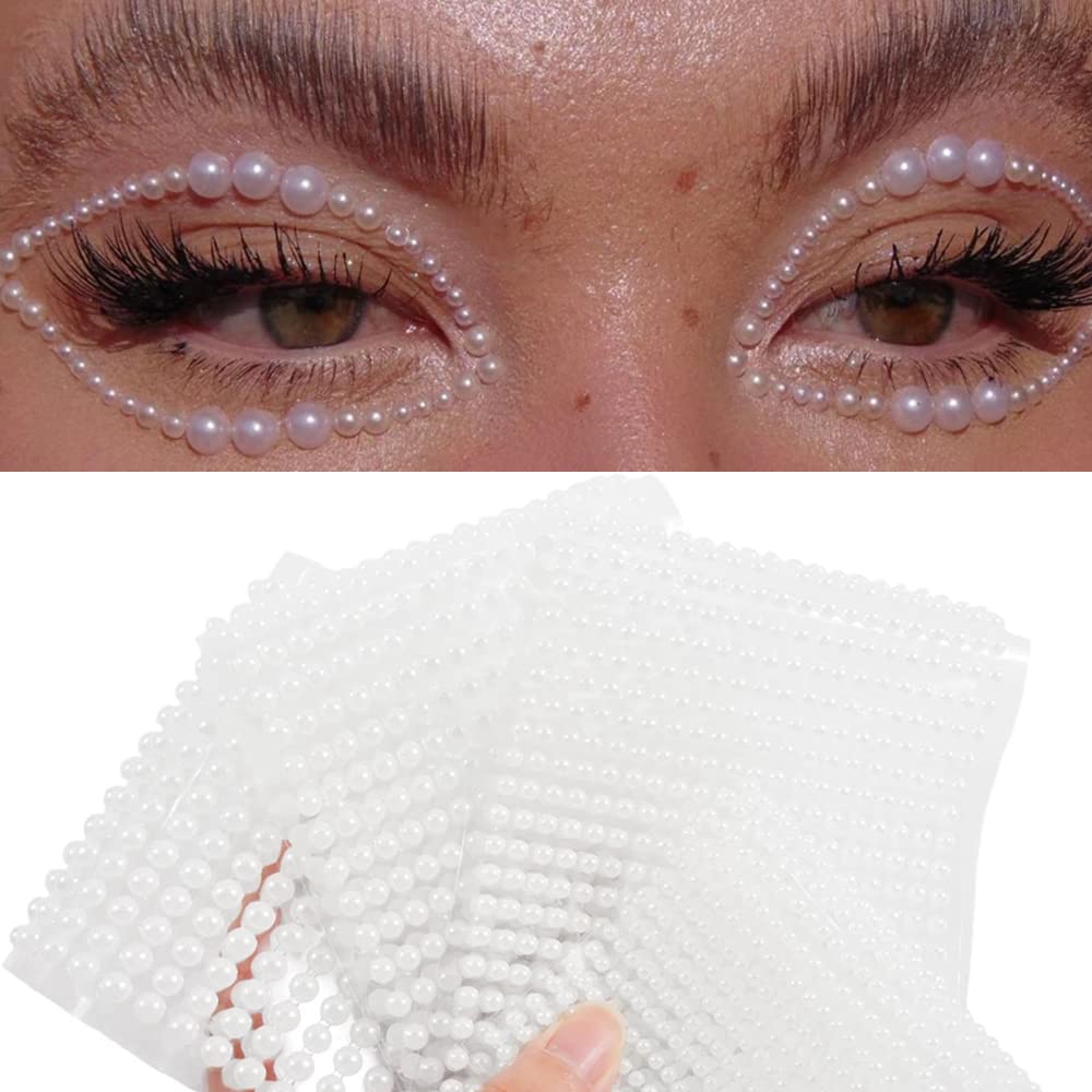 3D White Pearl Rhinestone Stickers - 2800PCS Flatback Pearls for Eye Gems, Face Jewels & Nail Art Decor | Self-Adhesive Body Crystal Diamonds for Women & Girls | Perfect for Parties, Cosplay & DIY Makeup (4 Sheets, White)