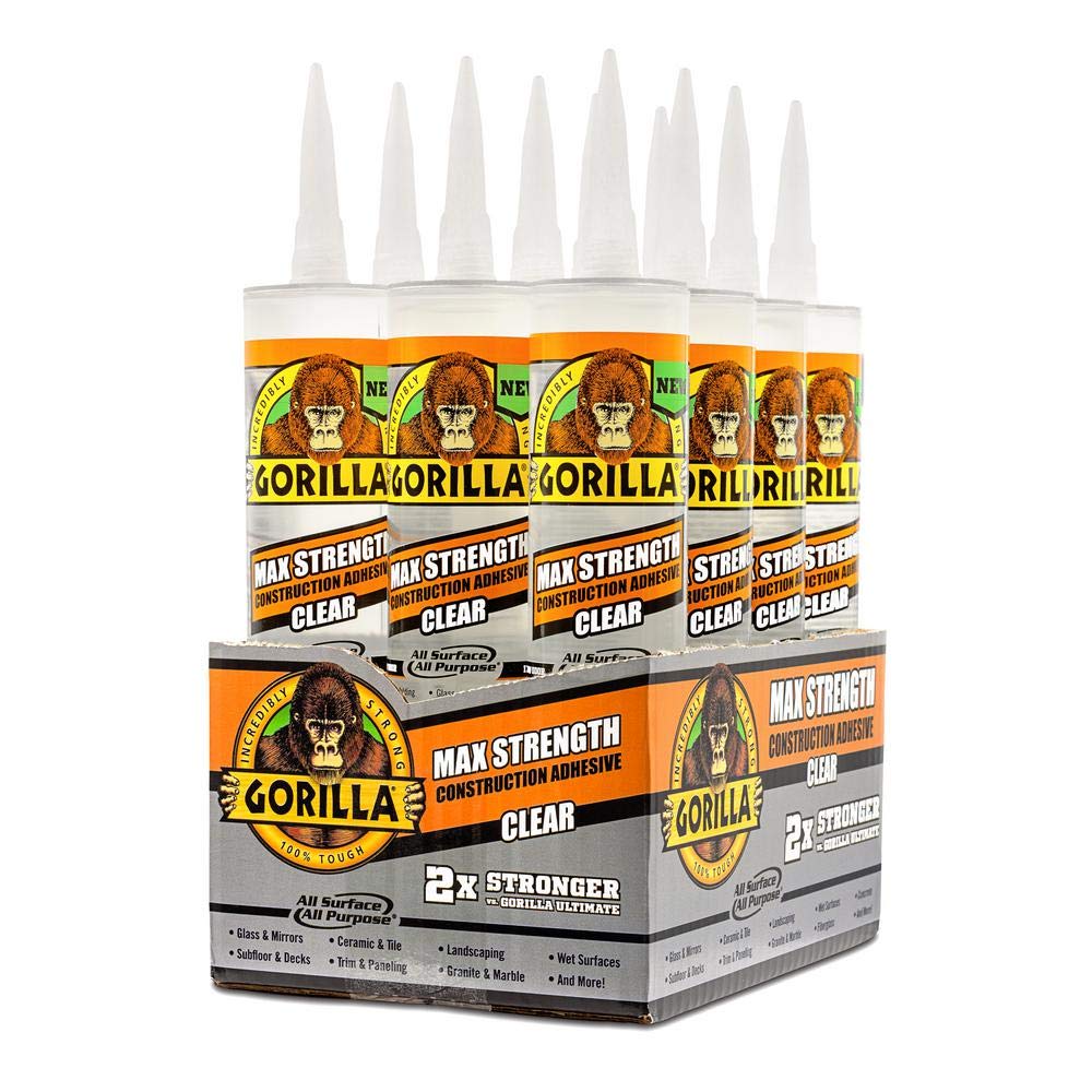 Gorilla 9 oz. Max Strength Clear Construction Adhesive - 12 Pack - Heavy Duty Bonding for Wood, Metal, Concrete & More - Perfect for DIY Projects, Home Repairs & Construction Work