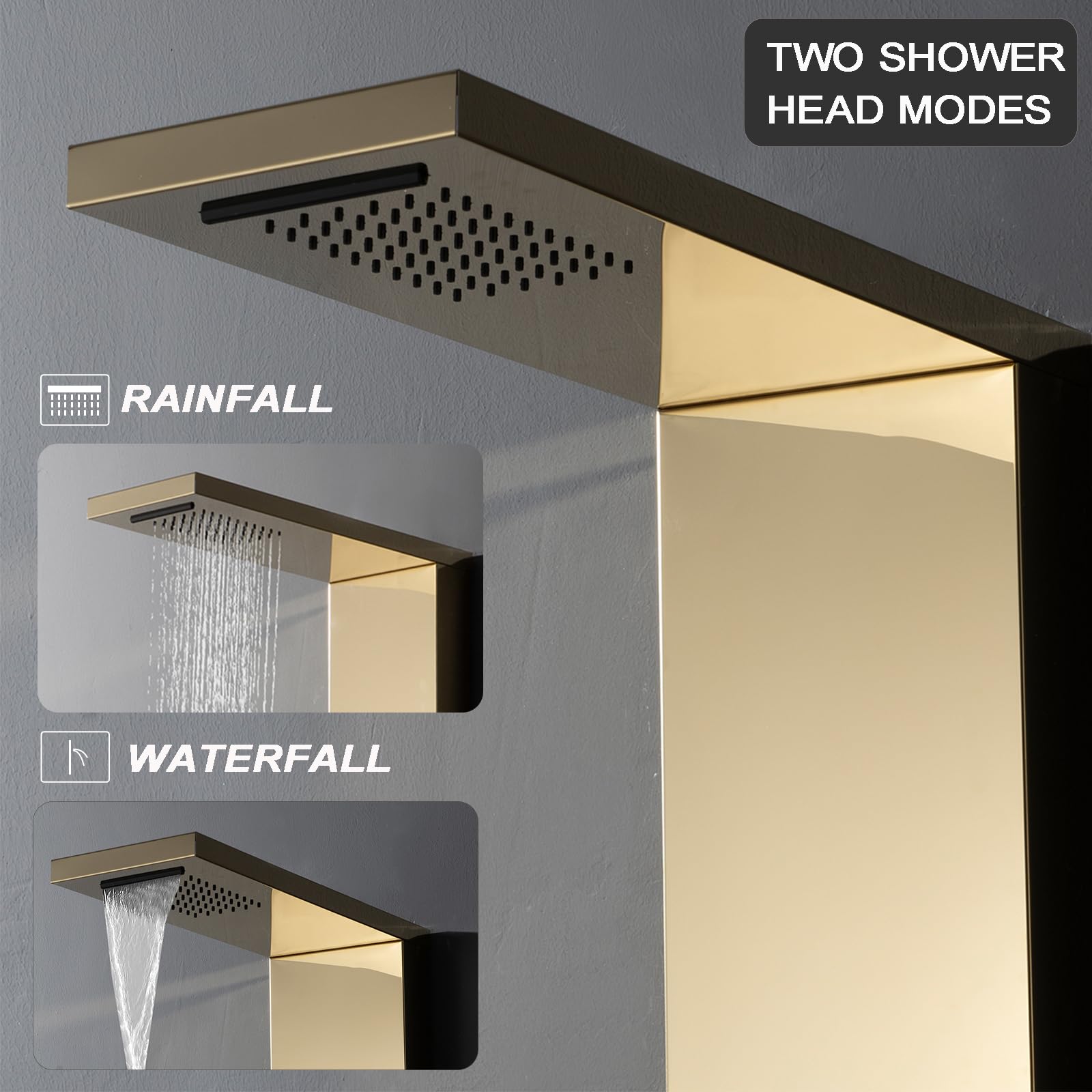 Premium Stainless Steel Rainfall Shower Panel Tower with 5 Adjustable Body Jets - Wall Mounted Waterfall Shower System in Polished Gold & Black - Perfect for Luxury Bathroom Spa Experience and Modern Home Renovation