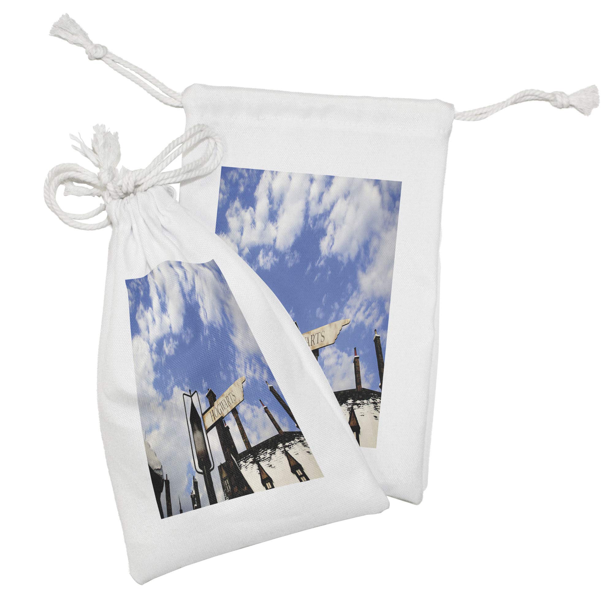 Ambesonne Wizard Fabric Pouch Set of 2 - Witchcraft Castle & Wizard Signboard Snowy Rooftops Sky Clouds - Small Drawstring Bag for Toiletries, Masks, Jewelry & Party Favors - 9