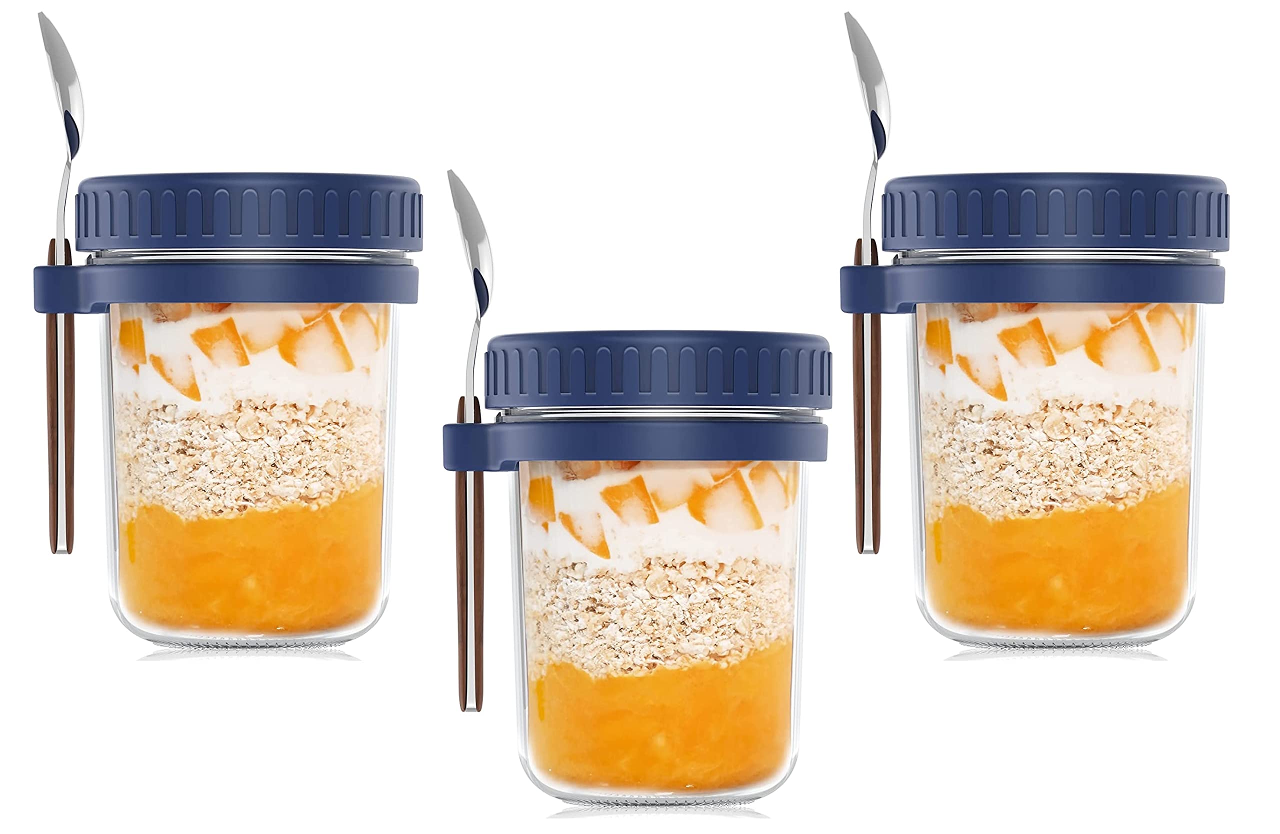 WHISKET 300ml Overnight Oats Jar with Lid & Spoon - BPA-Free Meal Prep Container for Oats, Yogurt, Milk, Fruit & Salad - Includes Measurement Marks (Grey/Blue) - Perfect for Breakfast, Office Lunch & Healthy Snacks On-The-Go