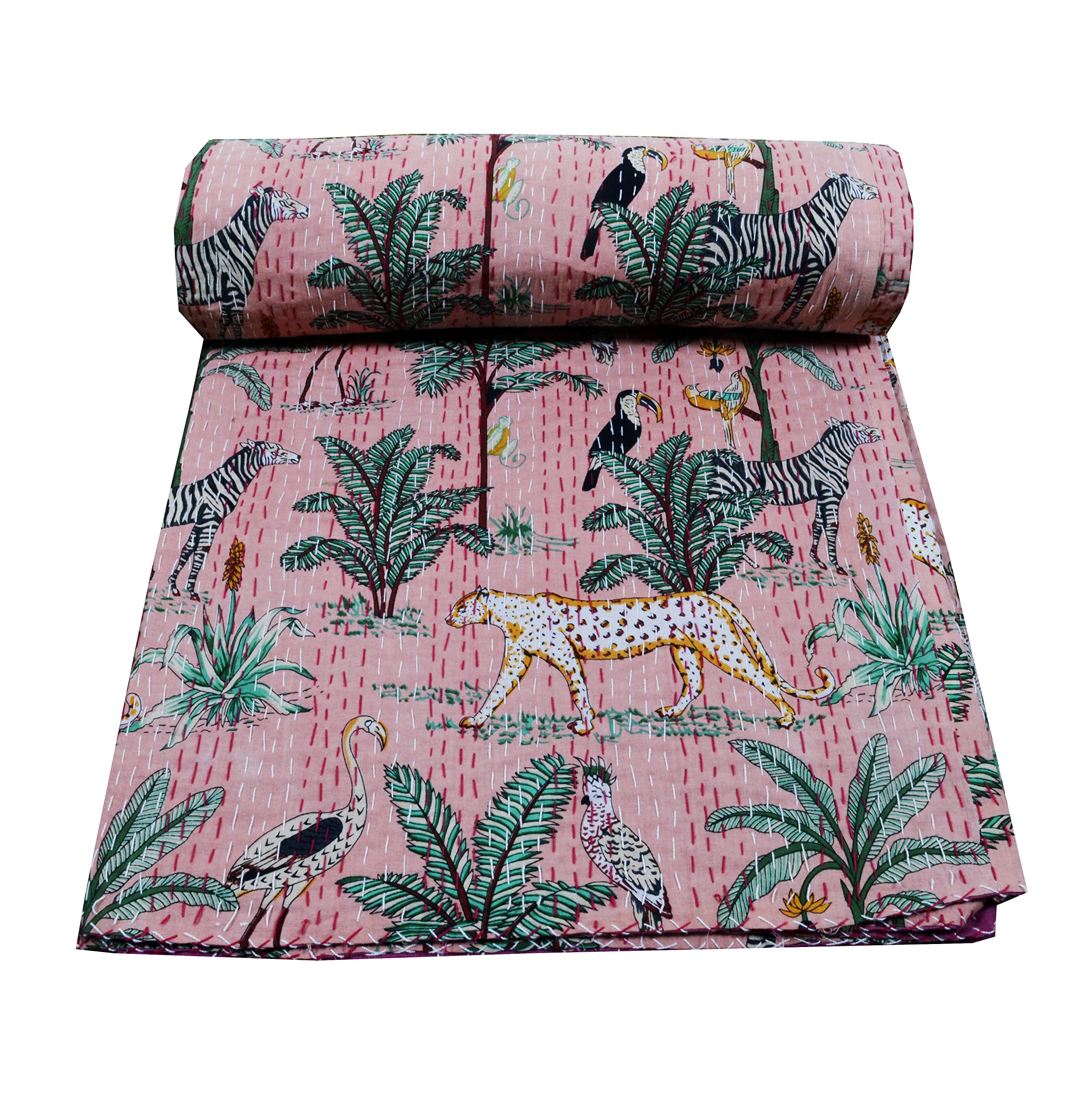 Vintage Indian Floral & Animal Print Kantha Quilt - Reversible Cotton Bedspread for Twin/Queen/King Size (Twin, Pink) | Boho Chic Home Decor, Cozy Bedding for All Seasons
