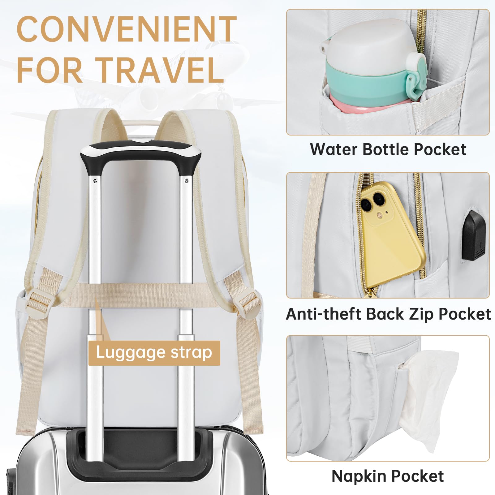 Stylish Quilted Laptop Backpack for Women - Waterproof USB Charging Computer Bag Fits 15.6 Inch Notebook - Perfect for Work, Travel & College (White) | Office Commute, Business Trips & Daily Use