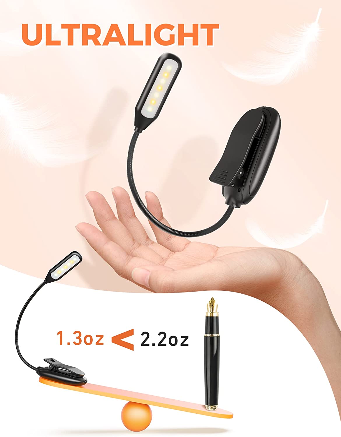 Rechargeable LED Book Light with 3 Color Temperatures - Clip On Reading Lamp for Night Reading, Studying, Travel - USB Powered Adjustable Brightness Light for Books, Kindle, Bedside Use