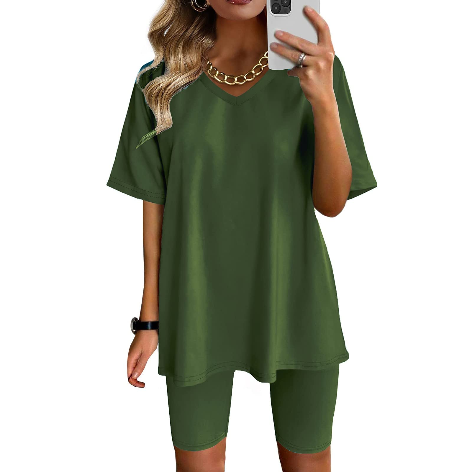Firzero Women's Summer Casual 2-Piece Outfit - V-Neck Oversized Shirt & Biker Shorts Set | Comfortable Workout, Sports & Lounge Wear | Perfect for Yoga, Running & Casual Street Style