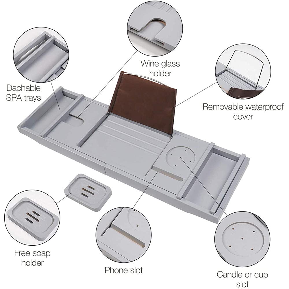 Expandable Bathtub Tray with Wine Glass Holder & Book Stand - Adjustable Drain Bath Caddy Tray, Bathtub Storage Organizer - Perfect Relaxation Gift for Spa, Bath Time & Self Care (Gray)