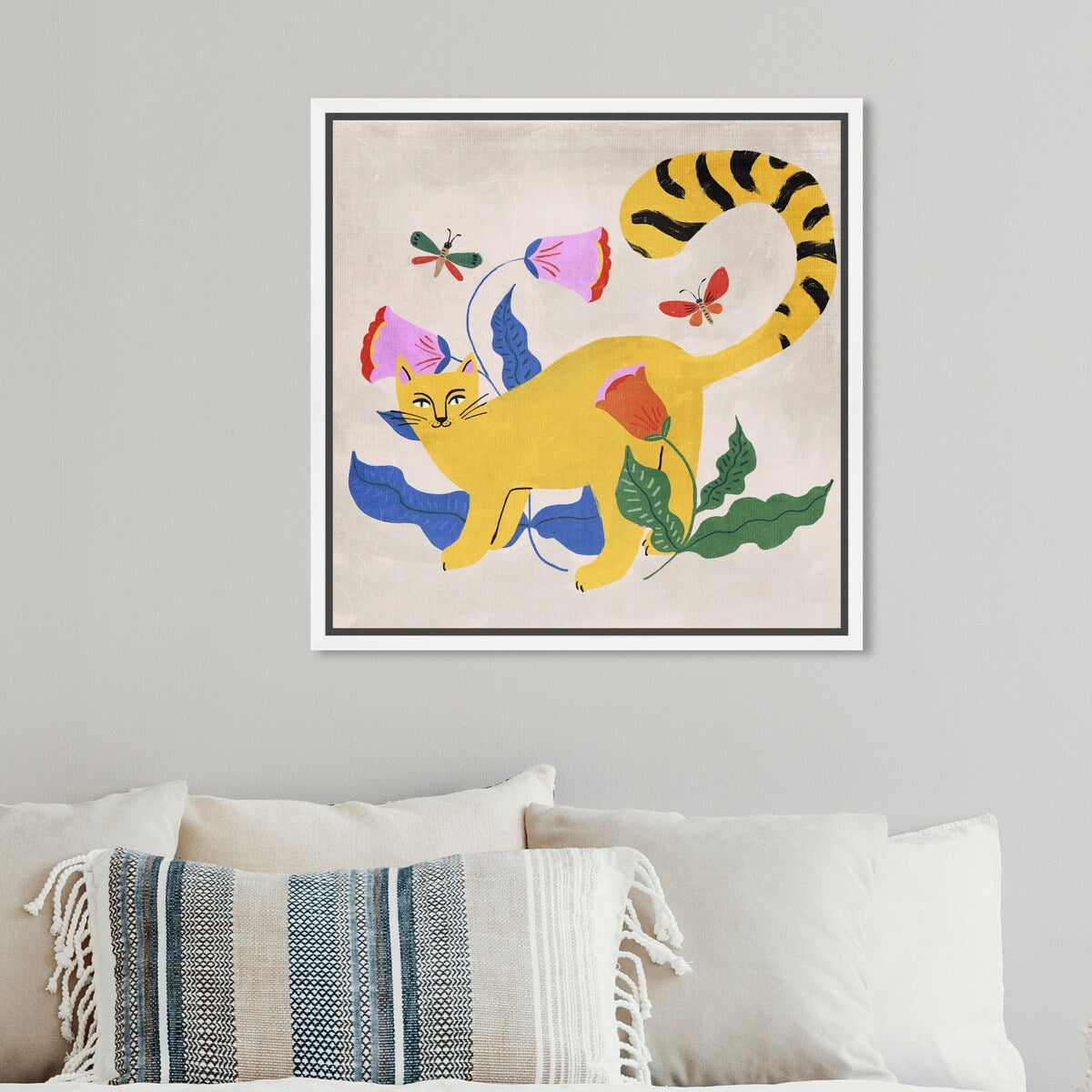 Blonde Tabby Floral Kitten Butterfly Garden Modern Yellow Framed Canvas Wall Art Print - Home Decor for Bedroom, Living Room & Nursery