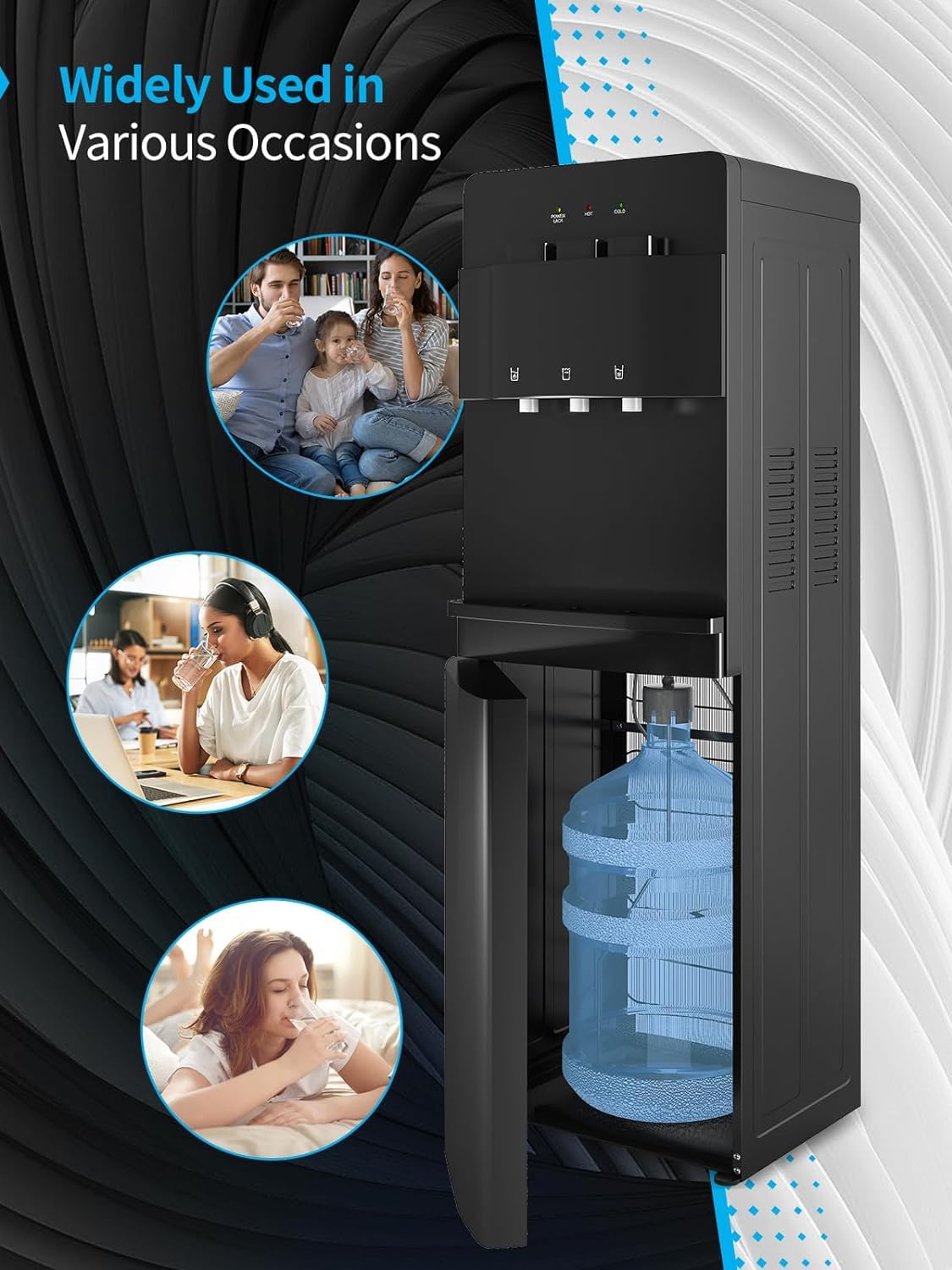 TABU Bottom Loading Water Cooler Dispenser - 3 Temperature Settings (Hot, Cold, Room) with Child Safety Lock & Anti-Scalding Design for 3/5 Gallon Bottles - Perfect for Home, Office & Kitchen (Black)