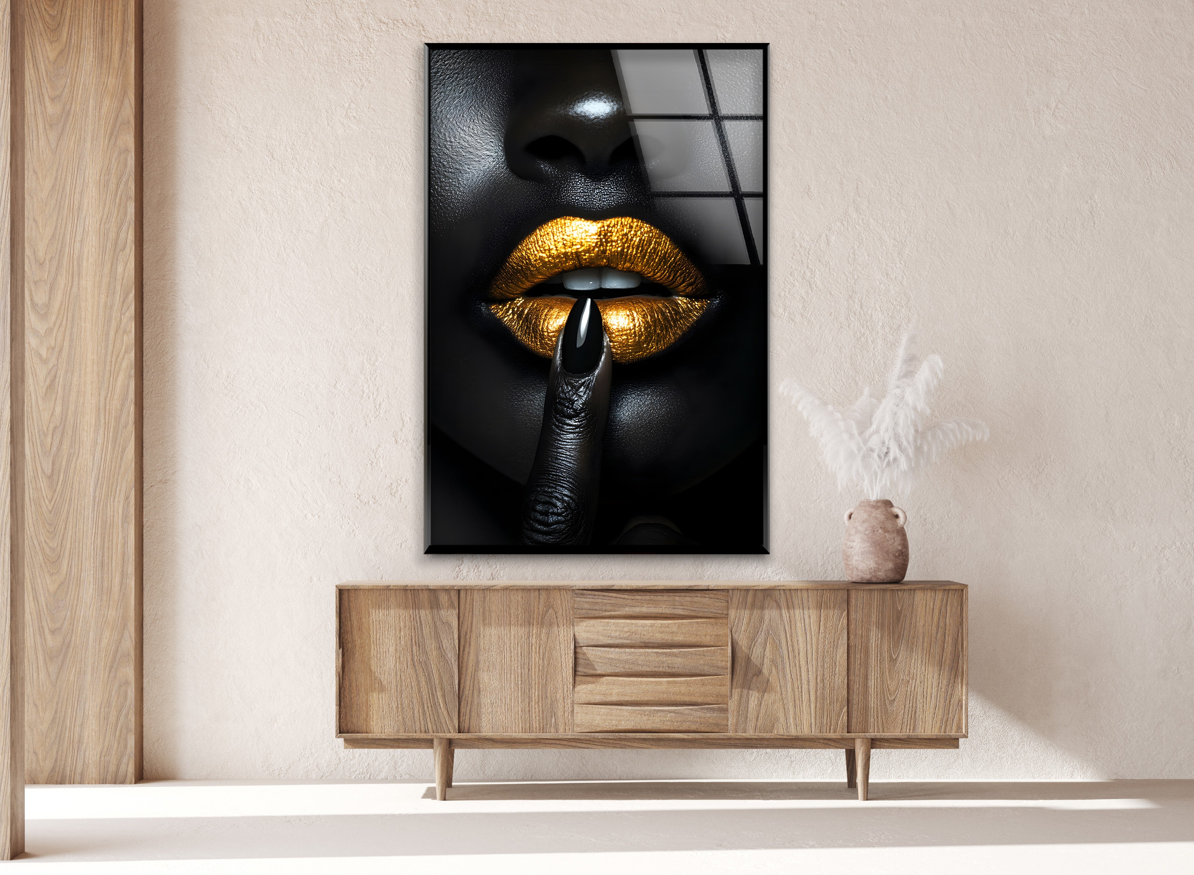 Black and Gold Lips Wall Art - Bold & Striking Glass Wall Decor for Living Room, Bedroom & Office | Modern Home Decor & Unique Gift Idea
