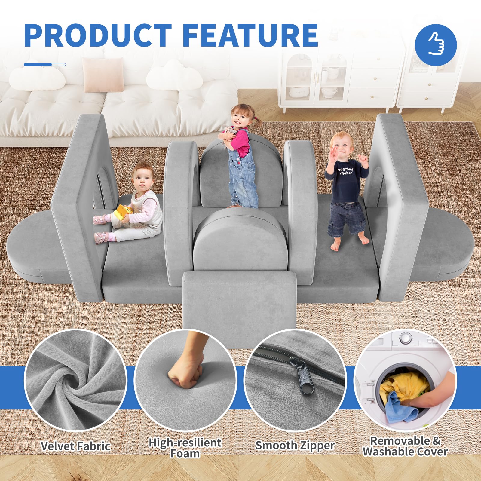 12PCS Modular Kids Play Couch with 2 Triangle Cushions & 4 Arches - Foldable Toddler Sofa for Playroom, Bedroom | Gray Children's Furniture for Boys & Girls | Perfect for Playtime, Reading Nook & Nap Space