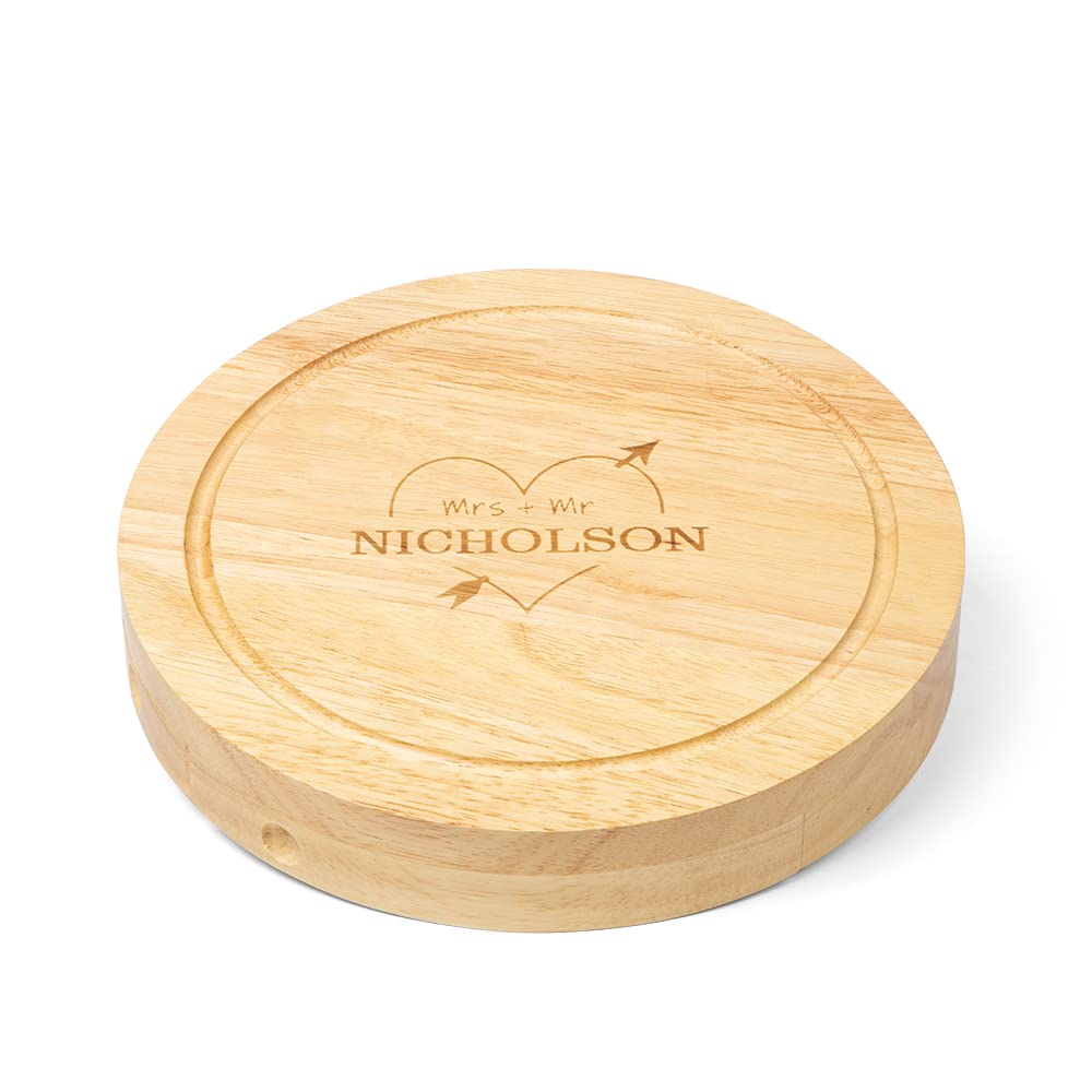 Personalized Wooden Cheese Board with Custom Name - Round Charcuterie Board & 4 Knives Set - 220x36mm Cheese Cutting Board - Perfect Gift for Mother's Day, Anniversary, Birthday - Ideal for Wine Parties, Picnics, and Home Entertaining