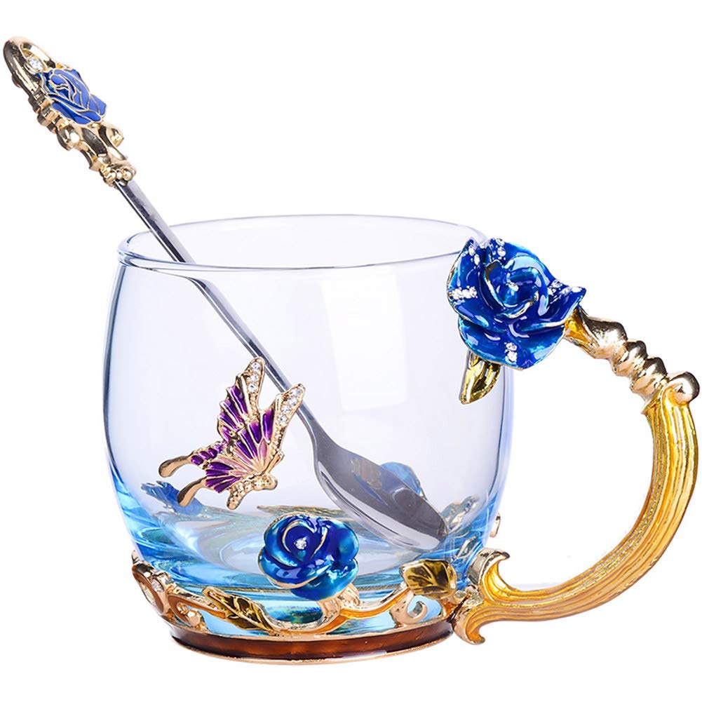 Handmade Butterfly Rose Tea Cup & Coffee Mug - 12 oz Glass Tea Cup Set for Wedding, Anniversary, Birthday Gifts - Perfect for Tea Lovers, Coffee Drinkers & Home Decor
