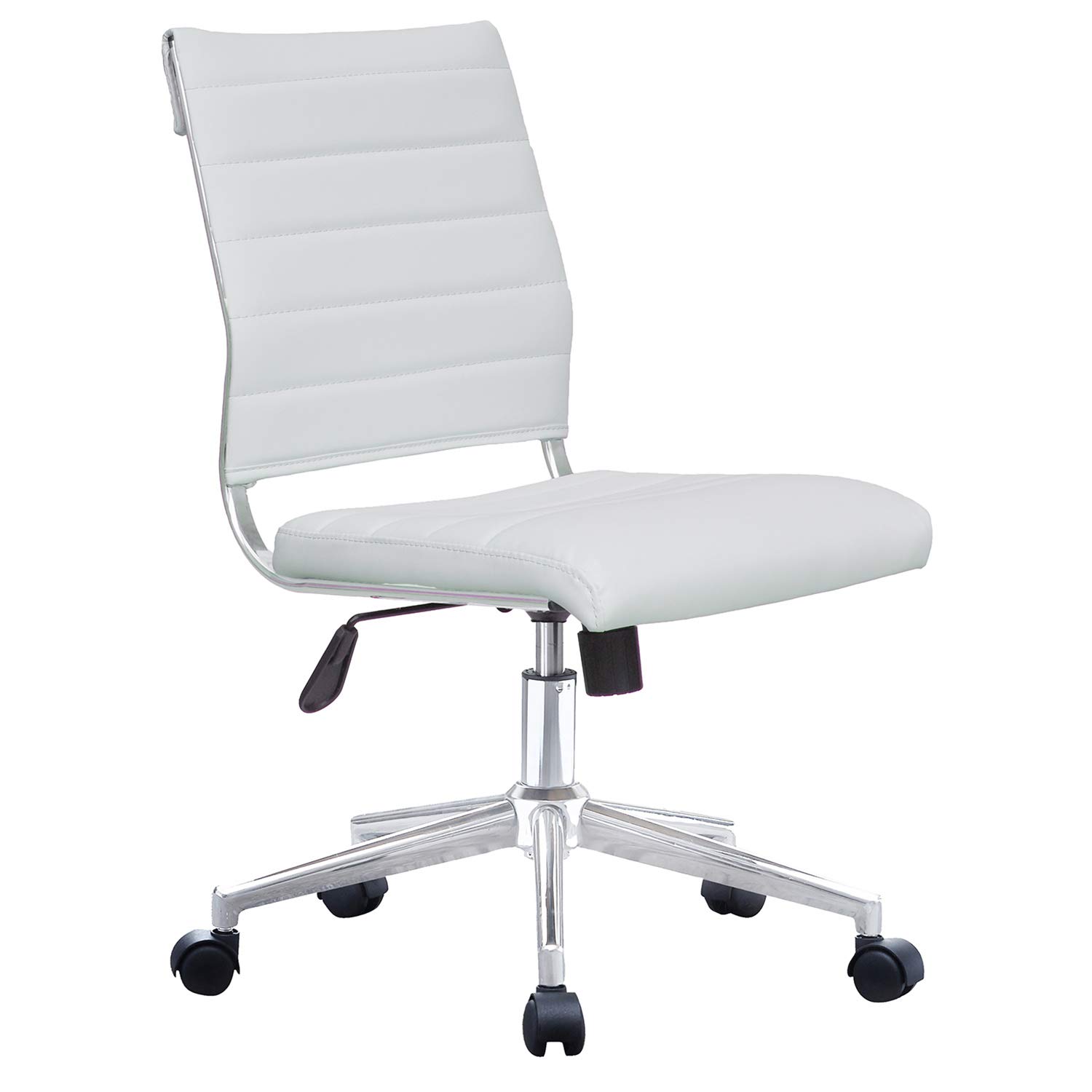 2xhome Modern Office Desk Chair - Mid Back Ribbed PU Leather Armless Conference Task Chair with Swivel Tilt & Adjustable Height - White - Perfect for Home Office, Conference Rooms & Workspaces