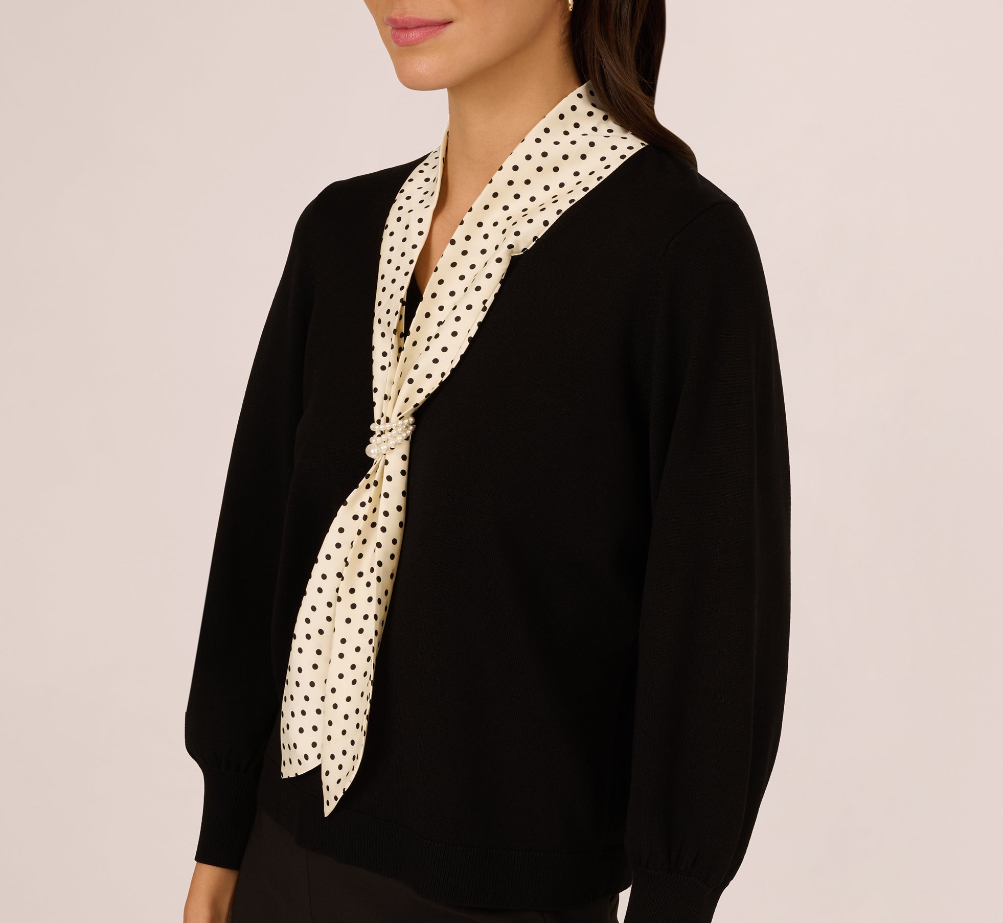 Women's 3/4 Sleeve Knit Sweater with Scarf - Black, Champagne & Blush Colors | Cozy Winter Pullover for Office, Date Night & Casual Outings
