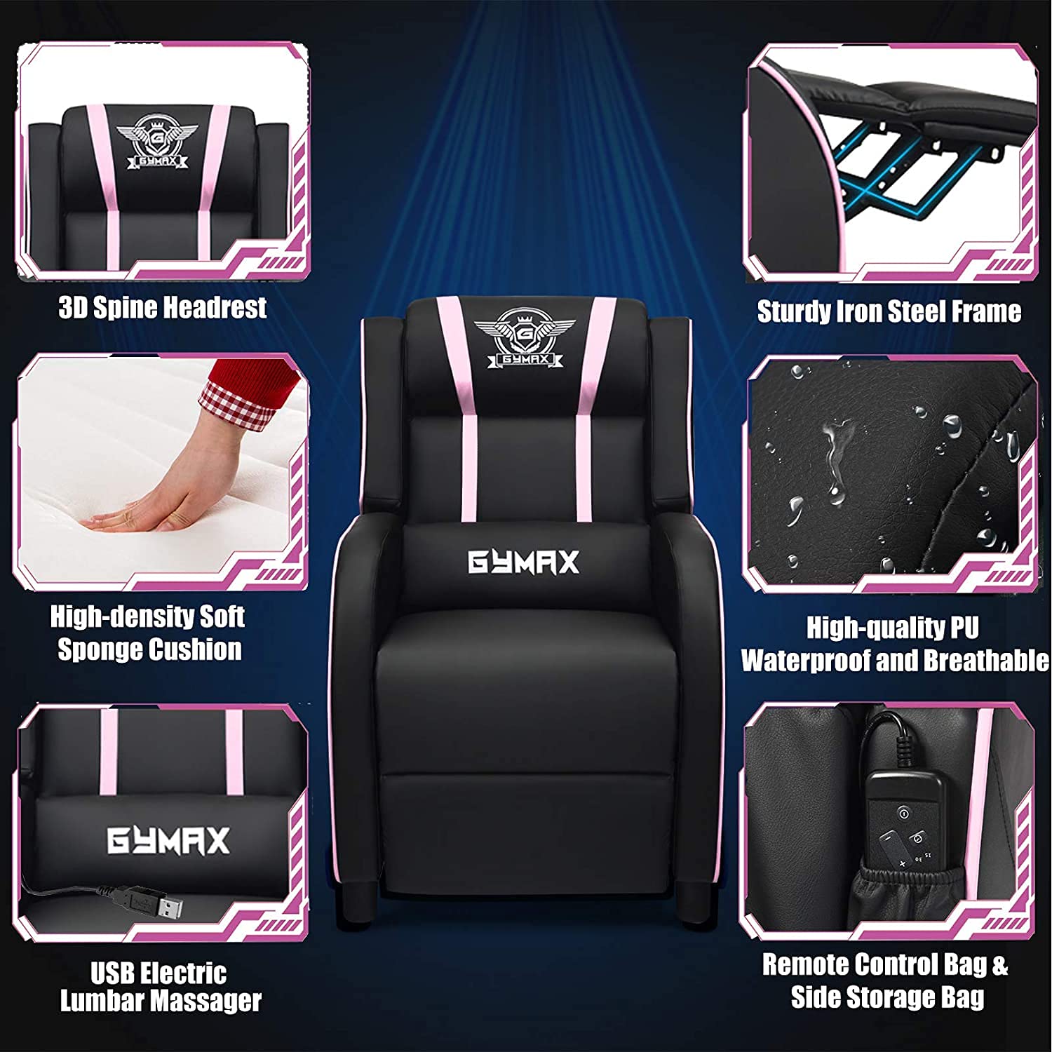 Ergonomic Massage Gaming Chair - High Back Recliner with Cushion, Racing Style PU Leather Swivel Office Chair for Adults (Pink) - Perfect for Home Office, Gaming Setup & Relaxation