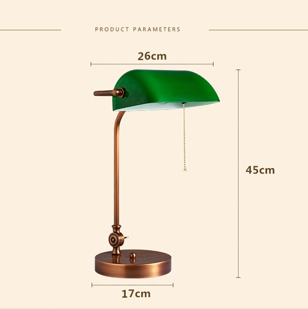 Vintage Emerald Green Glass Banker Desk Lamp with Copper Base - Adjustable 360° LED Reading Light, Pull Chain Switch, E27 Bulb Compatible - Perfect for Home Office, Study Room & Bedside Nightstand Lighting (Model-G)