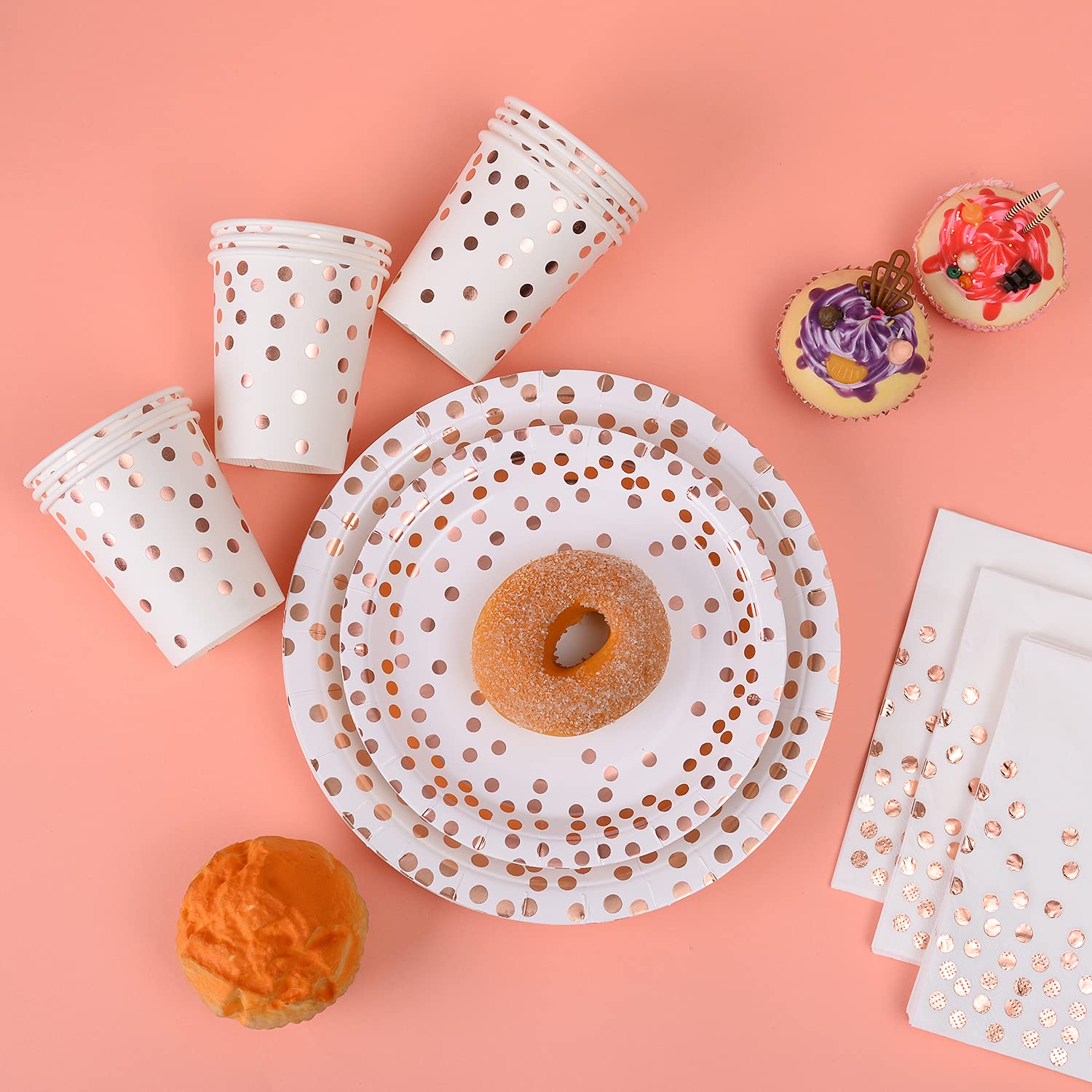 201-Piece Rose Gold Party Supplies Set - Rose Gold Dot on White Plates, Napkins, Cups & Silverware for 25 Guests | Perfect for Weddings, Bridal Showers, Engagements & Birthday Parties | Elegant Rose Gold Dot Theme for Stylish Celebrations