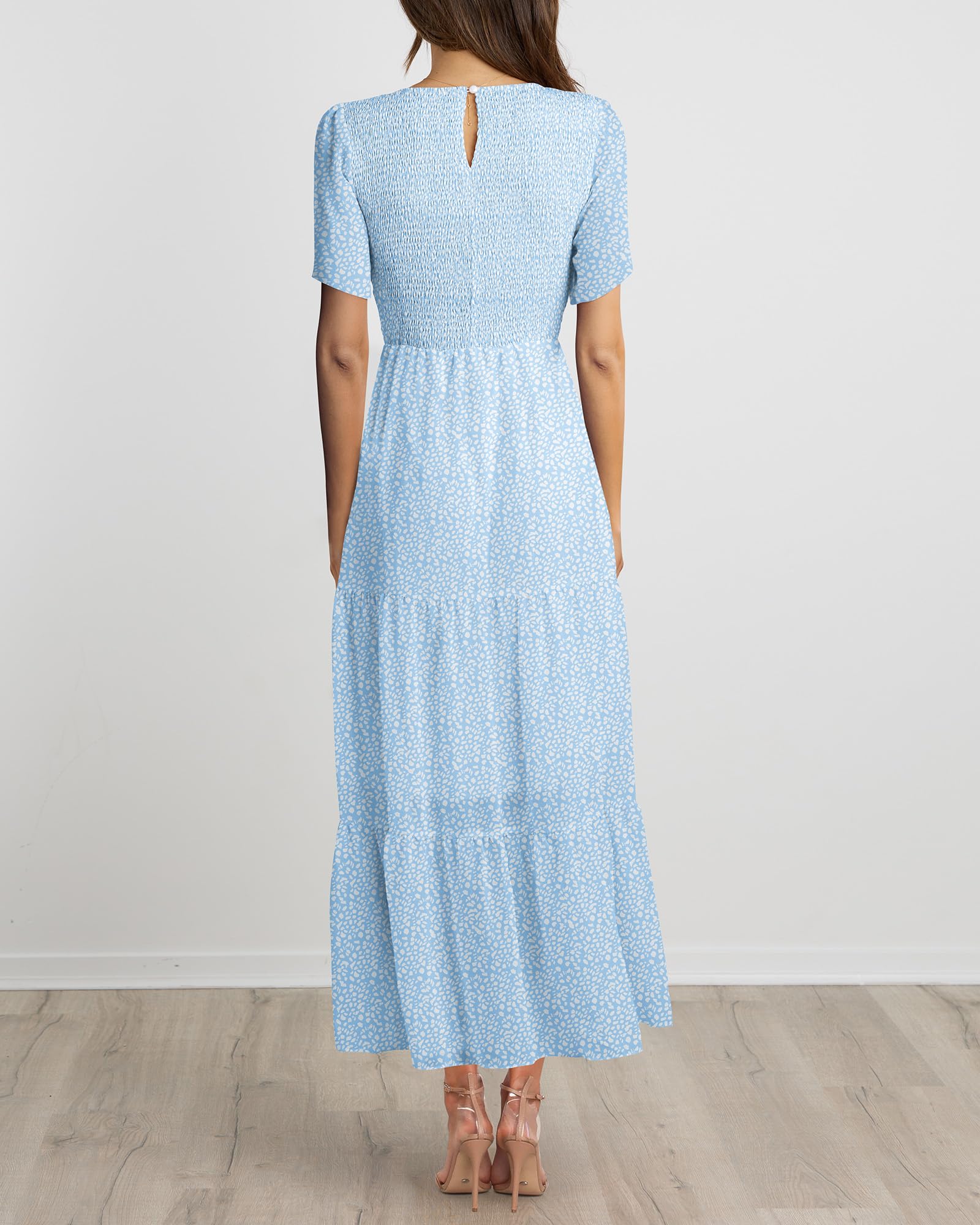 BTFBM Women's Bohemian Floral Print Short Sleeve Maxi Dress - Casual Summer Tiered Cocktail Dress with Crew Neck & Flowy Design | Perfect for Beach Vacations, Music Festivals, and Date Nights