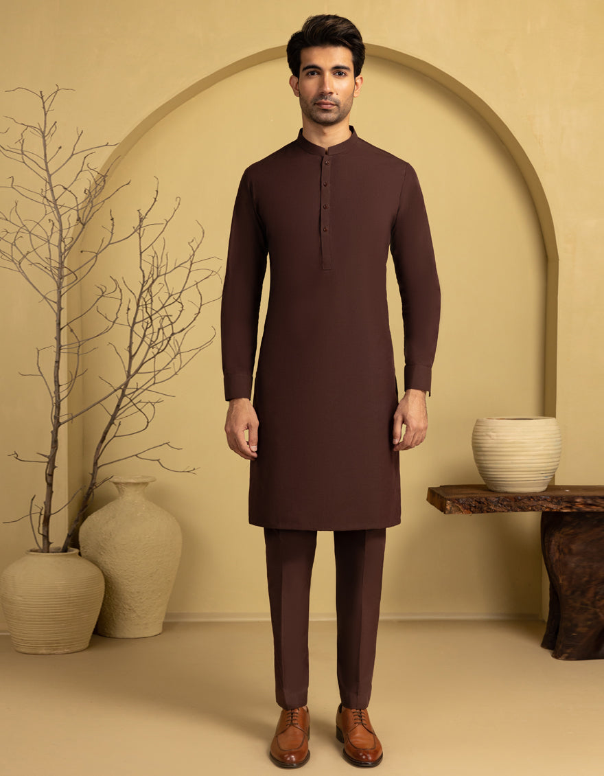 Premium Blended Brown Unstitched Suit Fabric by J. Junaid Jamshed - Perfect for Tailored Menswear, Formal Occasions & Wedding Outfits