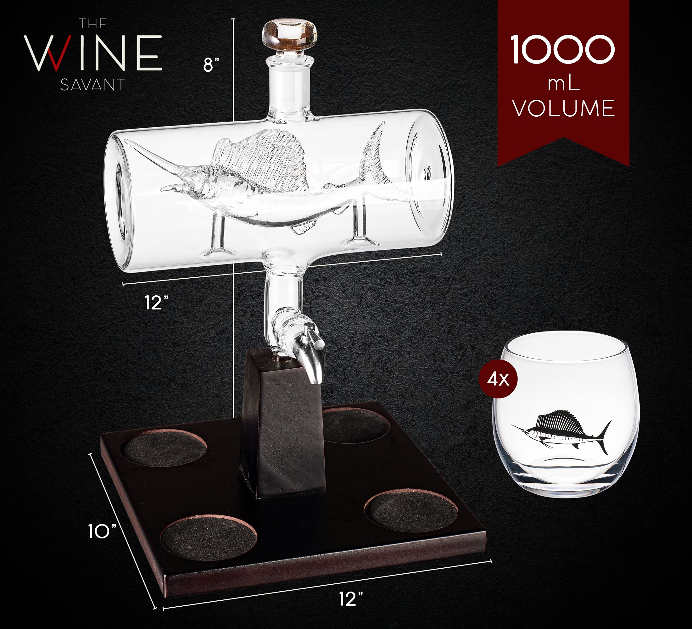 Premium Swordfish & Sailfish Whiskey Decanter Set with 4 Glasses - Fishing & Nautical Themed Bourbon Scotch Liquor Dispenser - Unique Gifts for Fishermen, Dads & Boat Enthusiasts - Perfect for Home Bars, Man Caves & Fishing-Themed Parties
