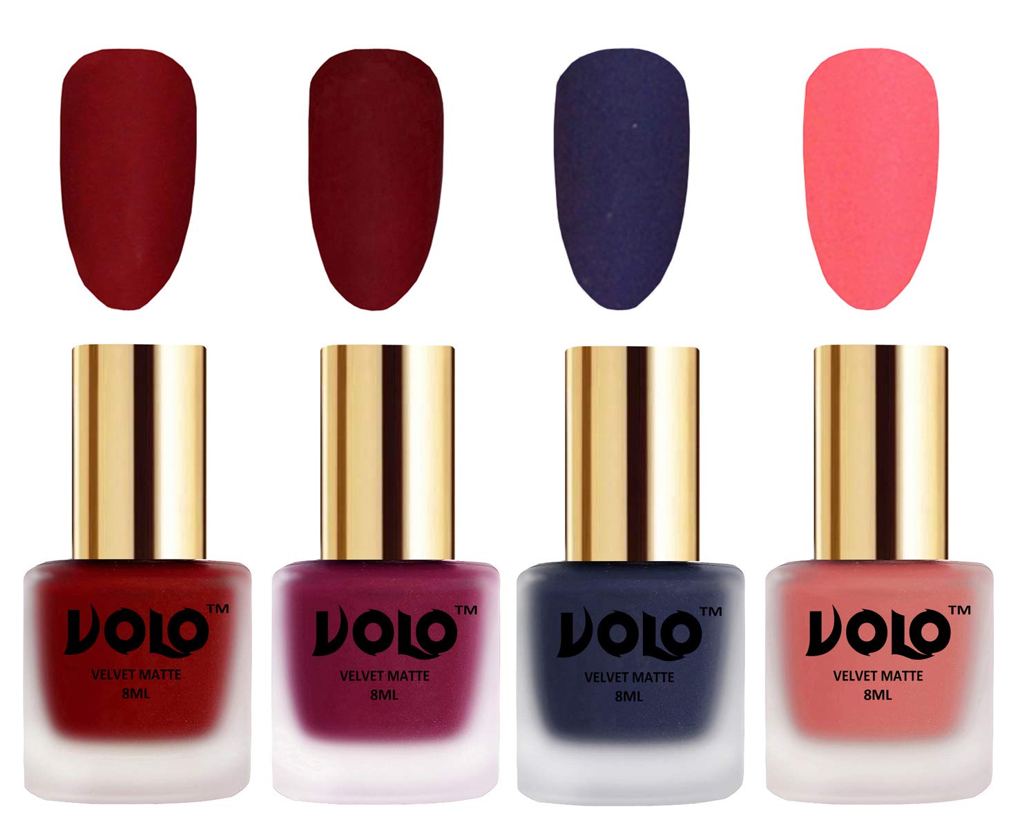 Volo Velvet Matte Nail Polish Set - 4 Colors (Tomato Red, Carrot Red, Navy Blue, Dark Peach) 32ml Each | Long Lasting & Vegan Formula | Perfect for Parties, Weddings & Special Occasions