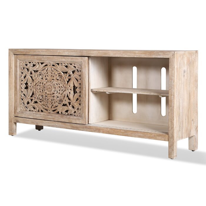 Hand Carved Mandala Inspired Botanical Patterns Media Console - Solid Wood TV Stand with Storage for Living Room, Bedroom & Home Decor
