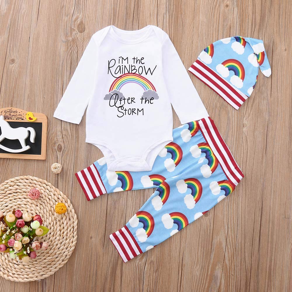 Newborn Baby Girl Boy Rainbow Romper Outfit Set - Soft Cotton Jumpsuit with Pants & Hat - Fall Winter Clothing (White, 0-3 Months) - Perfect for Photoshoots, Family Gatherings & Daily Wear