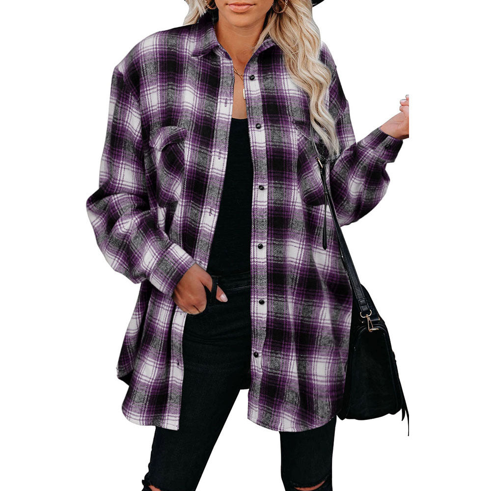 Women's Plaid Shirt Spring Loose Fit Mid-Length Blouse with Turndown Collar - Casual Outfit for Work, Dating & Everyday Wear