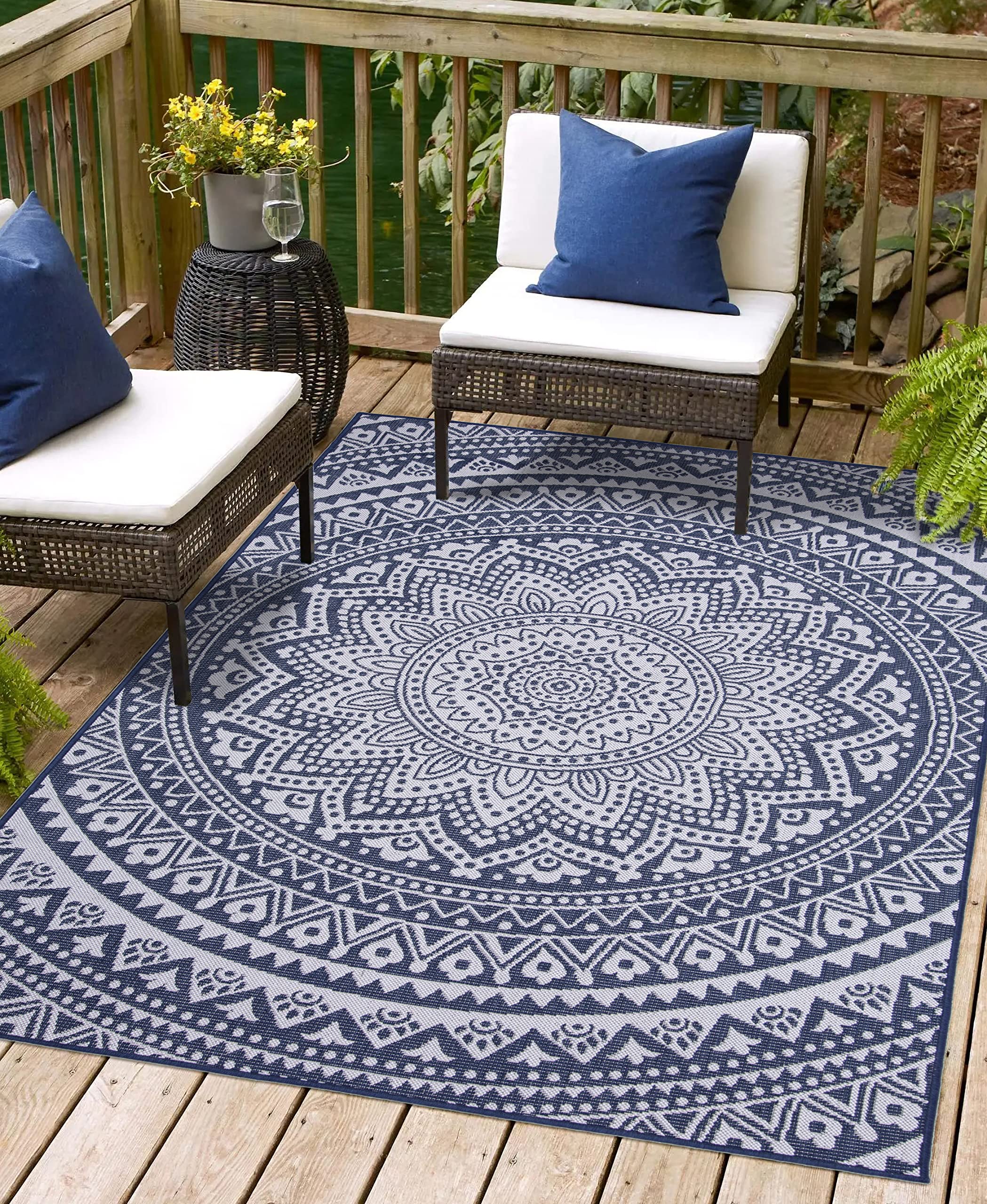 Mandala Design Hippie Area Rug - Stain Resistant, Washable & Waterproof Indoor Outdoor Rug for Patio, Balcony, Living Room, Kitchen, Bedroom - Perfect for Boho Decor, Yoga Space & Meditation Room (6.5'x9', Navy Blue)